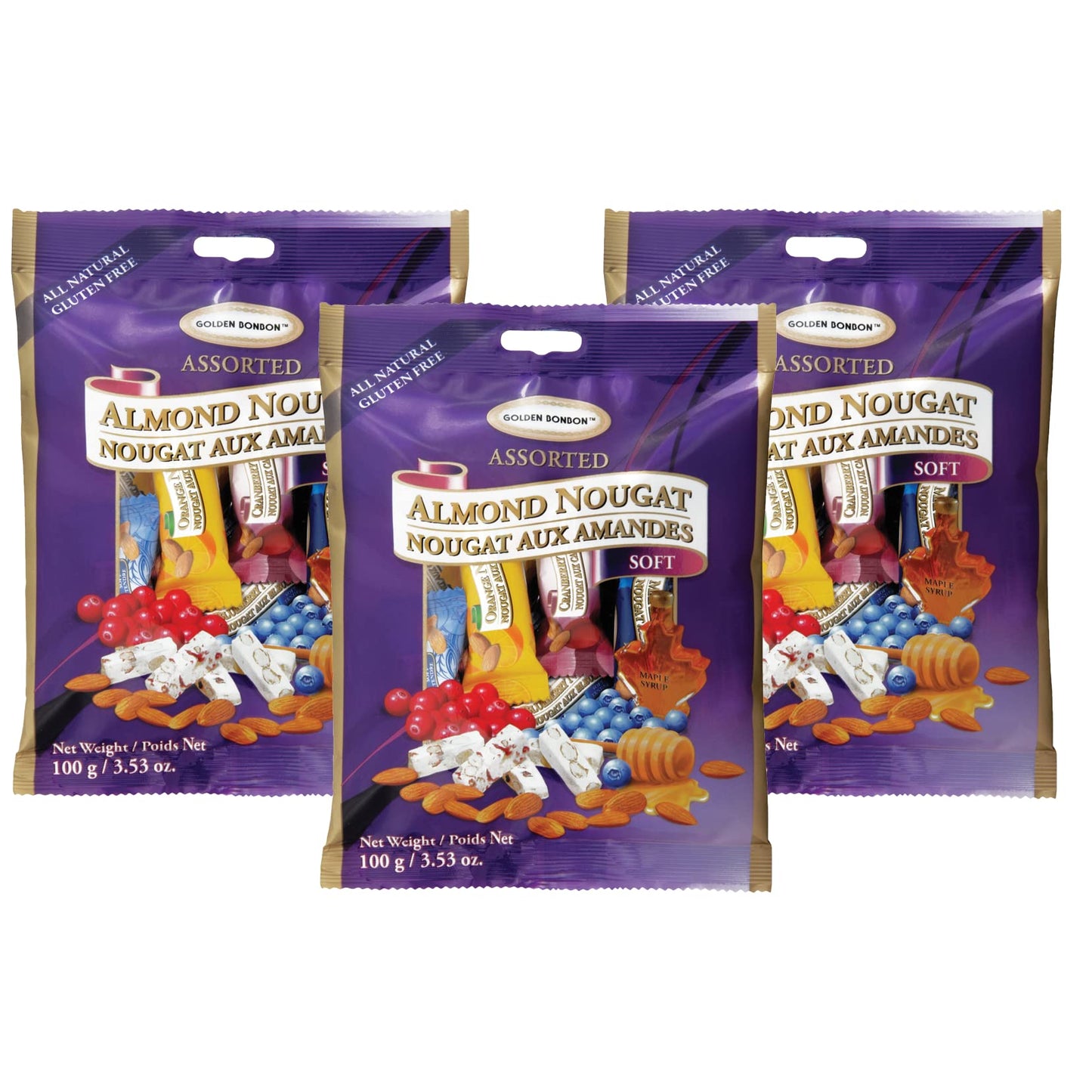 Golden Bonbon Italian Soft Almond Nougat Candy, Individually Packed Chewy, Gluten Free Nougat, Full of Almonds, Halal Candy 3.53 Ounces (Pack of 3)