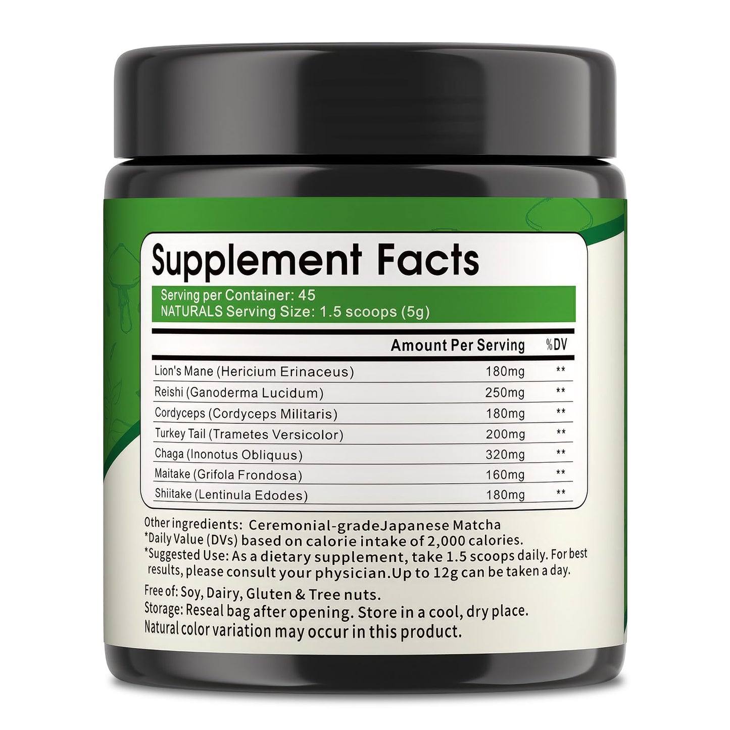 Mushroom Matcha Powder, Japanese Ceremonial Matcha Infused With 7 Superfood Mushrooms, MCT Oil, Coconut Milk Powder, Natural, Gluten Free, Taste Great