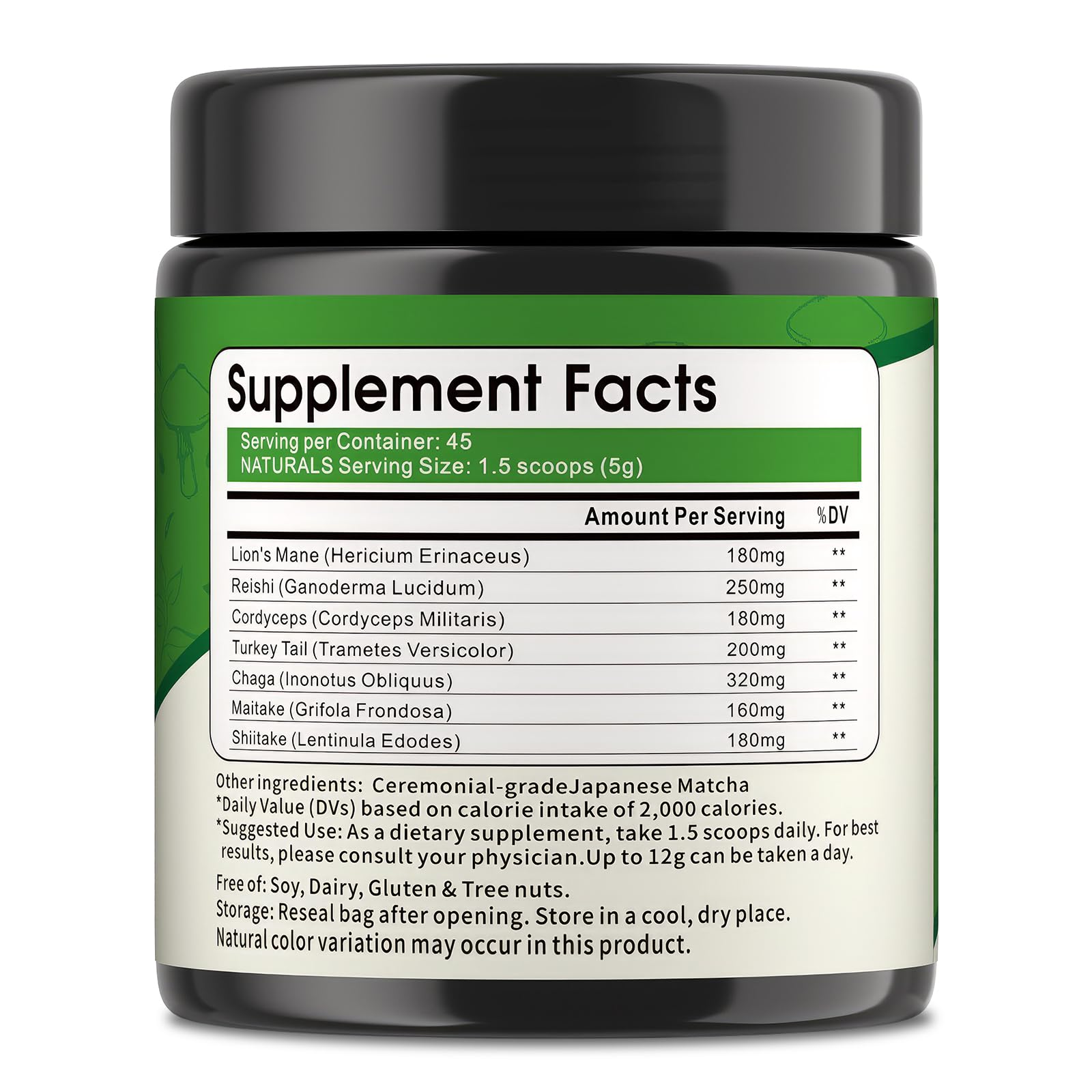 Mushroom Matcha Powder, Japanese Ceremonial Matcha Infused With 7 Superfood Mushrooms, MCT Oil, Coconut Milk Powder, Natural, Gluten Free, Taste Great