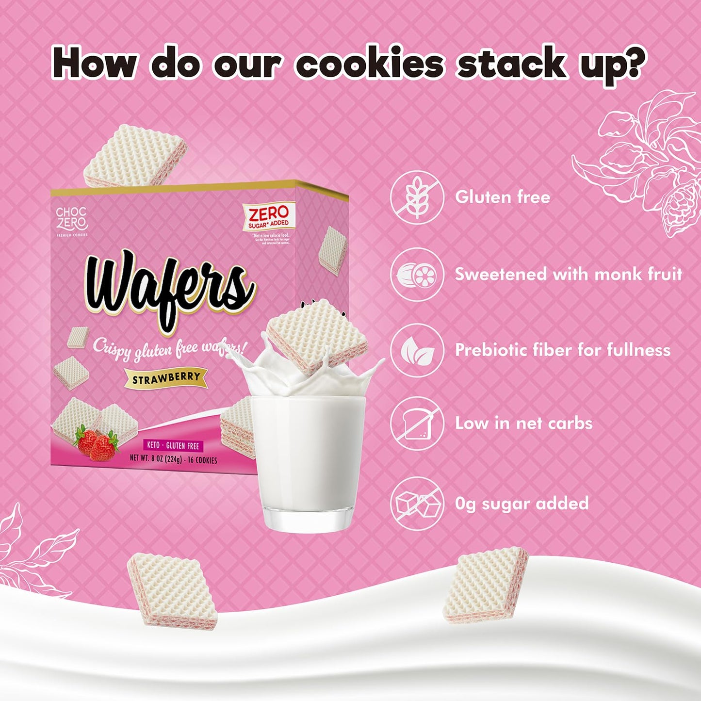 ChocZero Strawberry Wafer Cookies - Sugar Free, Keto Friendly, Low Carb Cookies with No Sugar Alcohols, Gluten Free & Individually Wrapped - 8 oz Box
