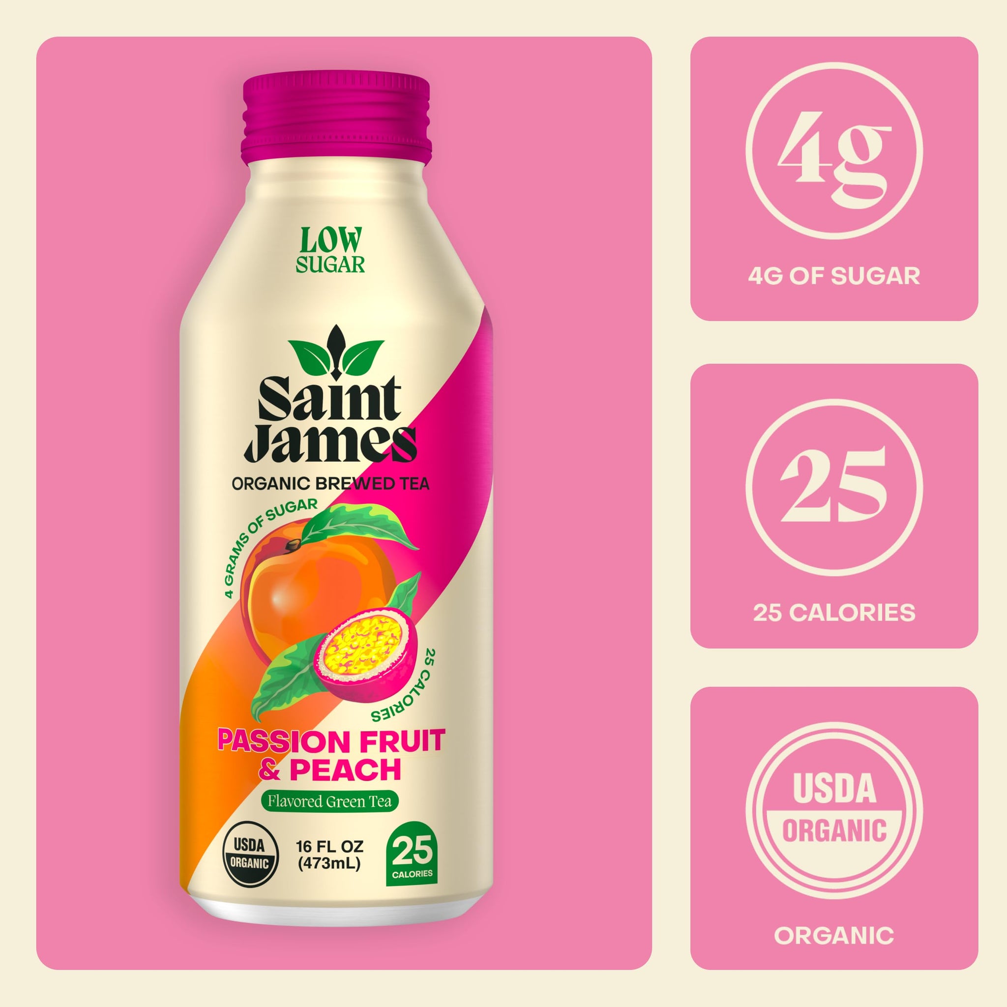 Saint James Iced Tea - Organic Green Tea - Non GMO, Gluten Free, Low Calorie & Low Sugar - Passion Fruit & Peach, 12 Pack (16 fl oz each)