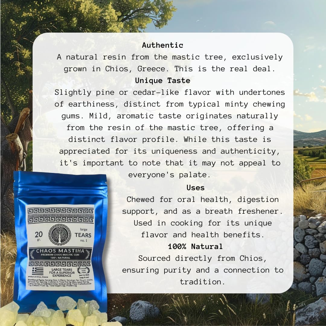 Pure Chios Mastiha Mastic Gum 20g - Chaos Mastiha Large Greek Resin Tears for Jaw Strength & Chewing - Natural, Sugar-Free, Calorie-Free, Long-Lasting