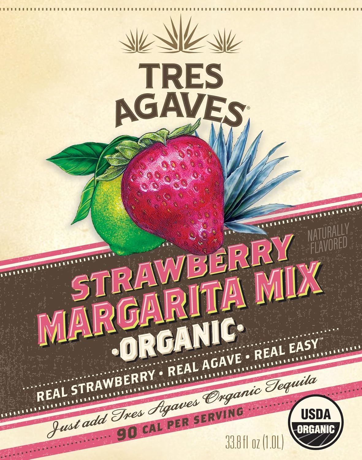 Tres Agaves Organic Strawberry Margarita & Daiquiri Mix - Real Strawberry Purée, Agave Nectar & Lime Juice - All-Natural, Non-GMO, Gluten-Free, Vegan
