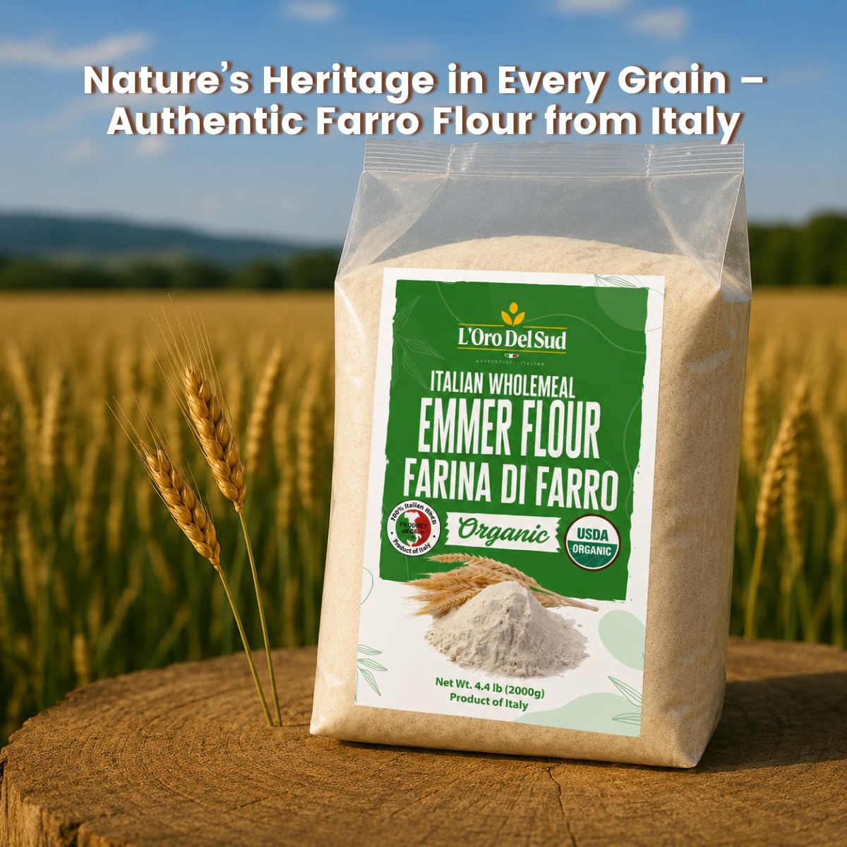 L’Oro Del Sud Organic Farro (Emmer) Flour - 4.4 lb (2 kg), Stone-Ground Ancient Grain Flour from Italy, All-Purpose, High Fiber, Non-GMO