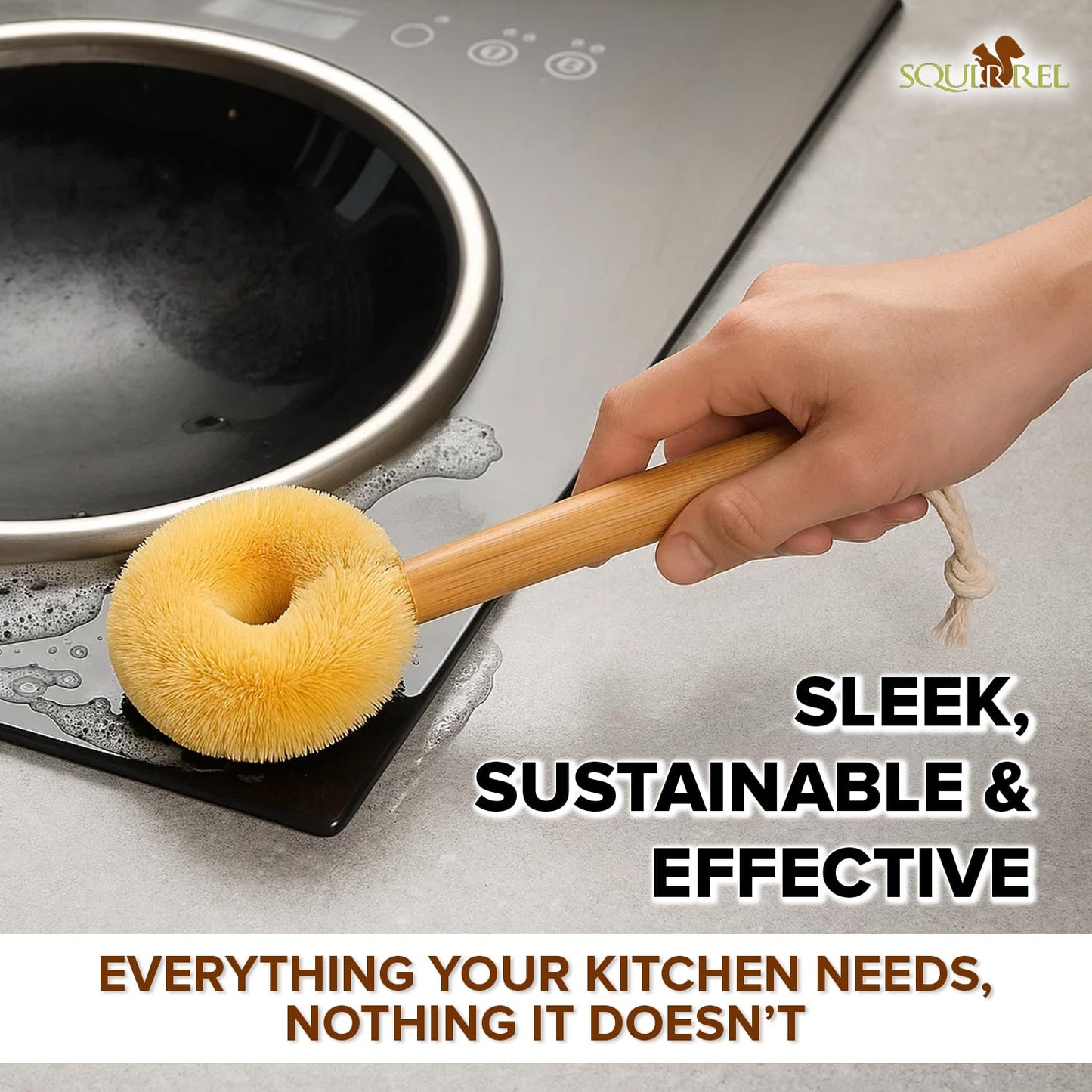 Coconut Fiber Dish Brush with Handle - Natural Dish Scrubber Brush for Kitchen Sink & Pots - Eco-Friendly Dish Cleaning Brush with Built-in Scraper