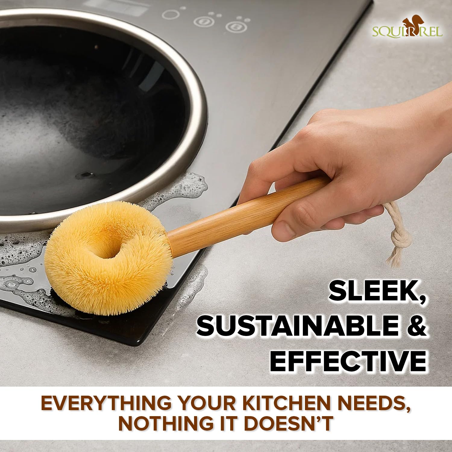 Coconut Fiber Dish Brush with Handle - Natural Dish Scrubber Brush for Kitchen Sink & Pots - Eco-Friendly Dish Cleaning Brush with Built-in Scraper