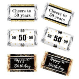 Black & Gold 50th Birthday Party Mini Candy Bar Wrapper Stickers - 50th Birthday Party Favors - Pack of 54