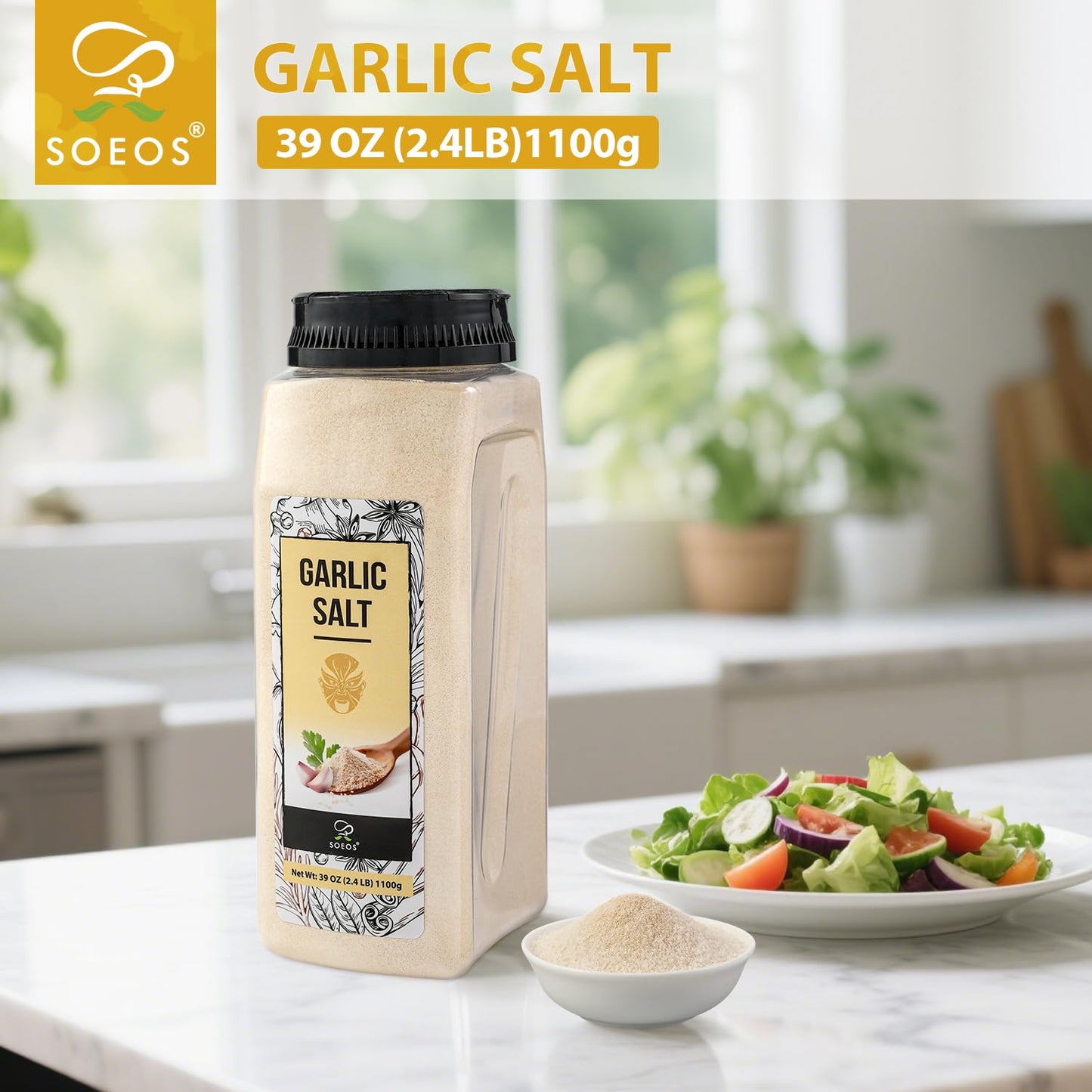 Soeos Garlic Salt 38.8 Ounce(1.1 kg), Bulk Garlic Salt Seasoning, Non GMO, Ideal for Adding Flavor to Soups, Breads, Vegetables, Meats and More