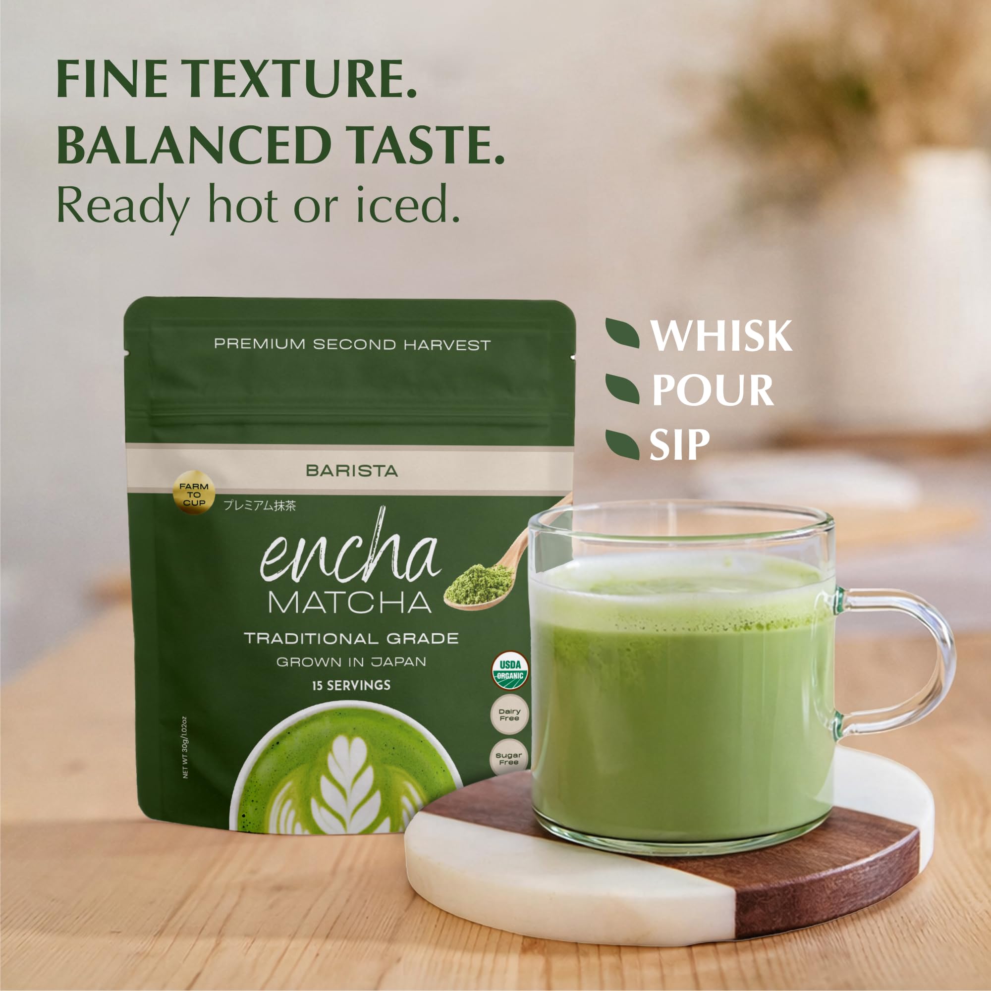 Encha Matcha Powder Barista Grade Latte Organic Matcha Powder - 100% Japanese Matcha Green Tea Powder for Lattes & Everyday Culinary Recipes, Smooth
