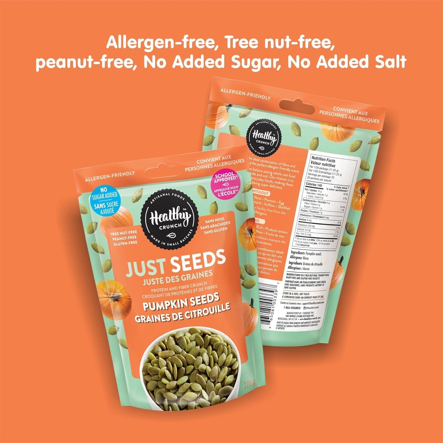 Healthy Crunch - Just Seeds - Pumpkin Seeds 225g x 6 Units - No Added Salted - Raw Seeds - No Added Oil - No Added Sugar - Peanut-Free - Tree Nut-Free