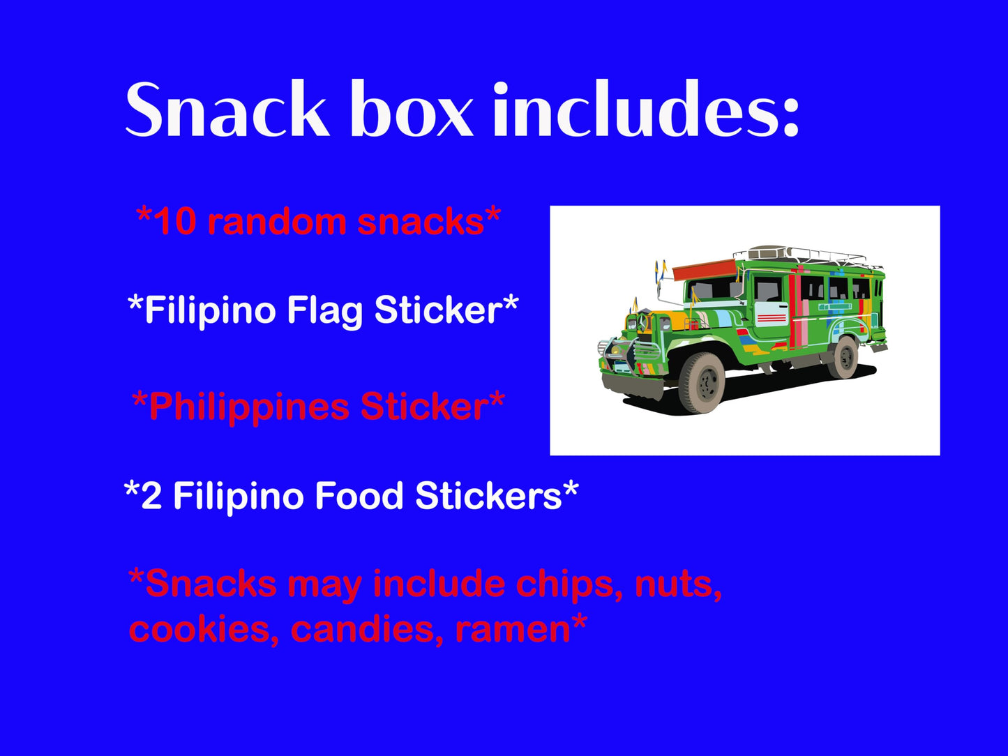 Filipino Snacks Box Variety Pack Assortment of 10 Authentic Food Products like Lucky Me, JackNJill, Skyflakes and more with Philippines Flag and Pride