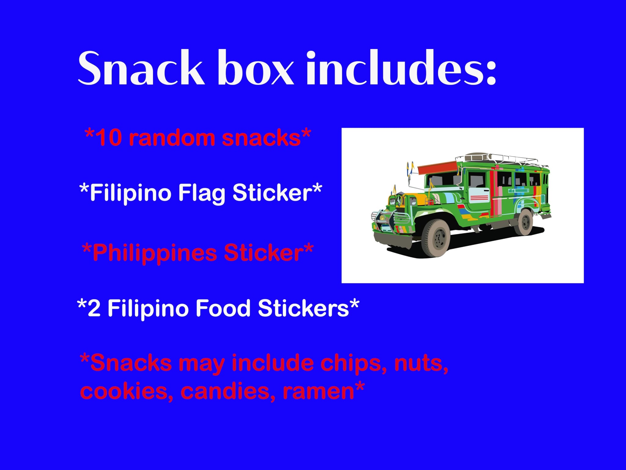 Filipino Snacks Box Variety Pack Assortment of 10 Authentic Food Products like Lucky Me, JackNJill, Skyflakes and more with Philippines Flag and Pride