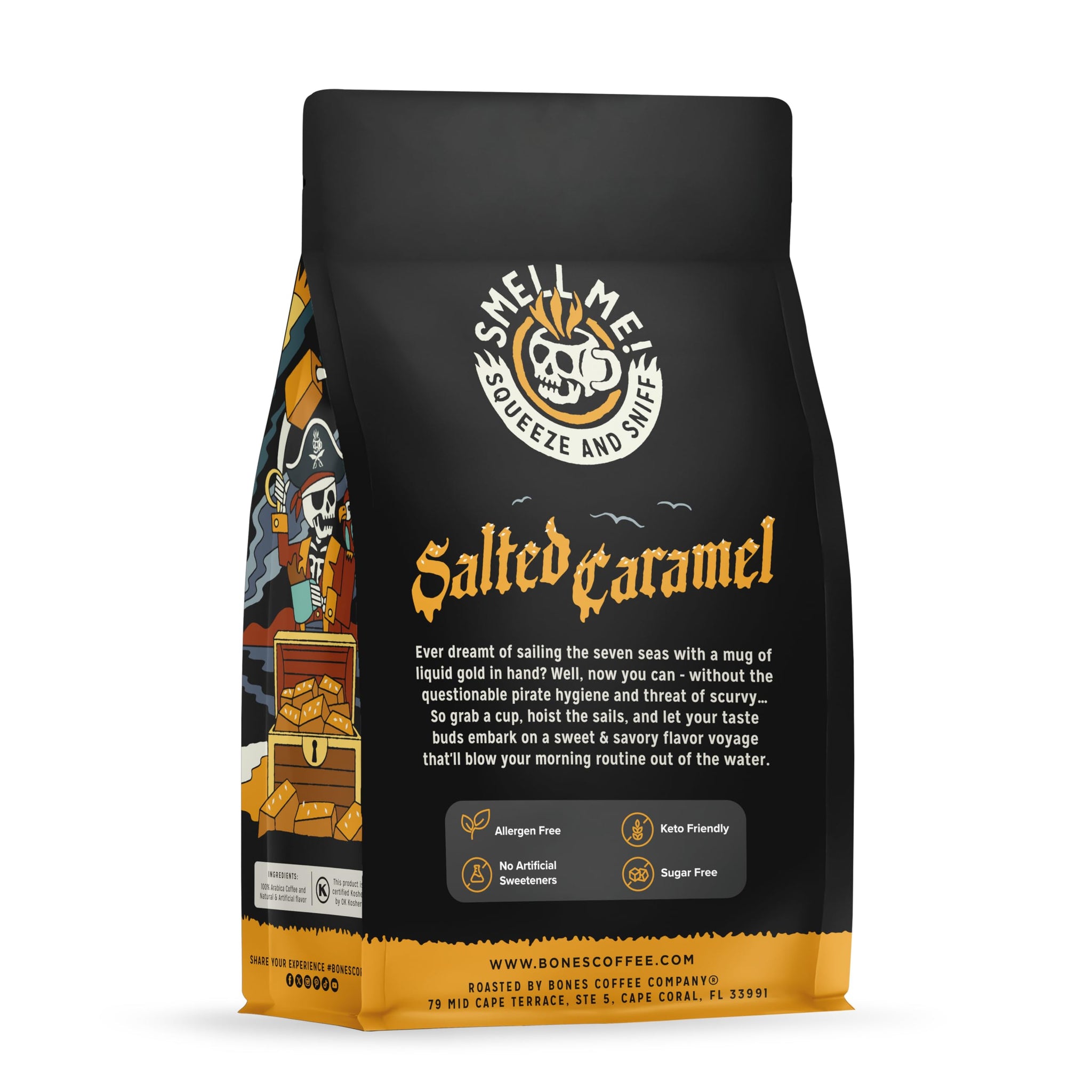 Bones Coffee Company Salted Caramel Flavored Coffee, Medium Roast Low Acid Arabica Beans Compatible with Auto drip and French Press Coffee Maker, 12