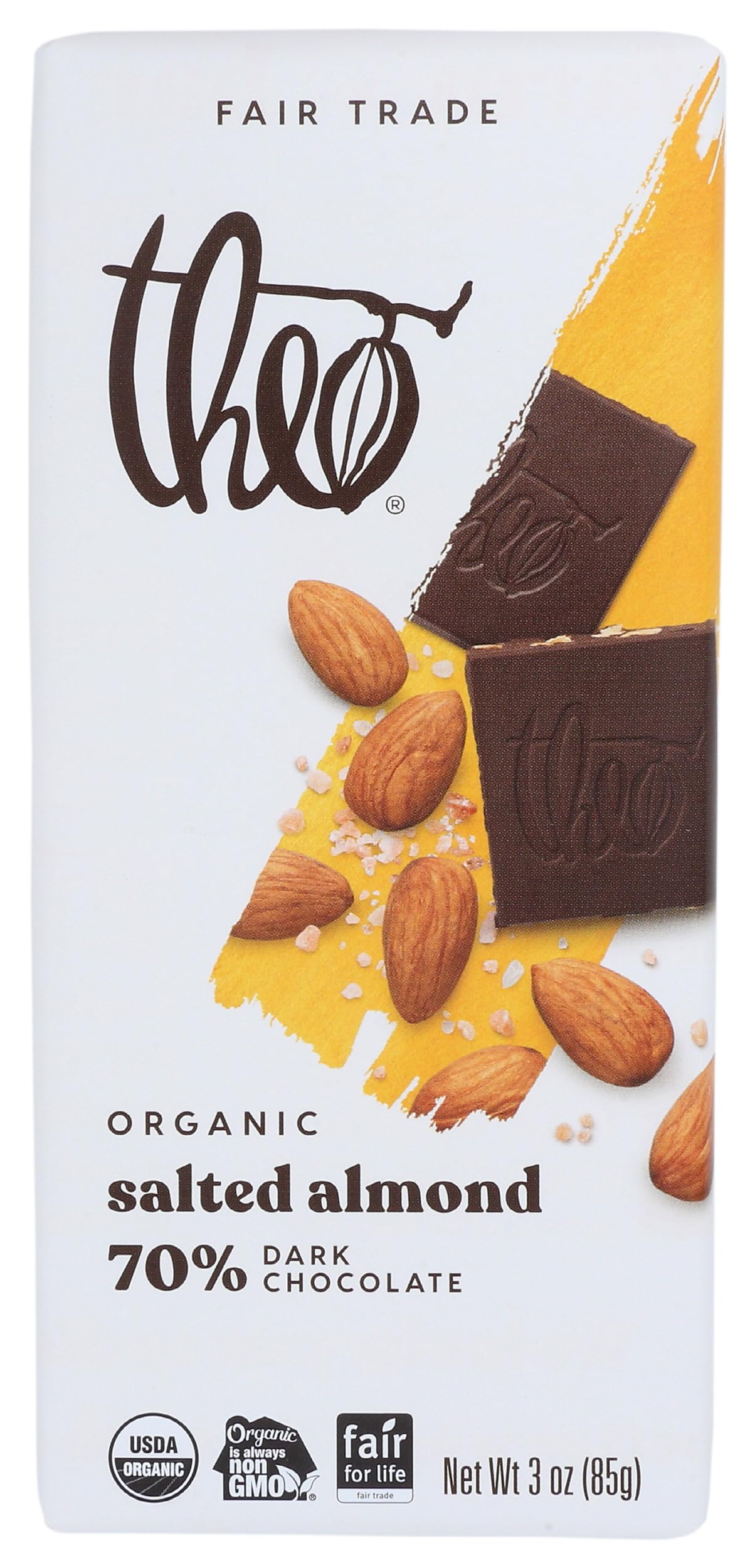 Theo Salted Almond Organic Dark Chocolate Bar, 70% Cacao, 1 Bar | Vegan, Fair Trade