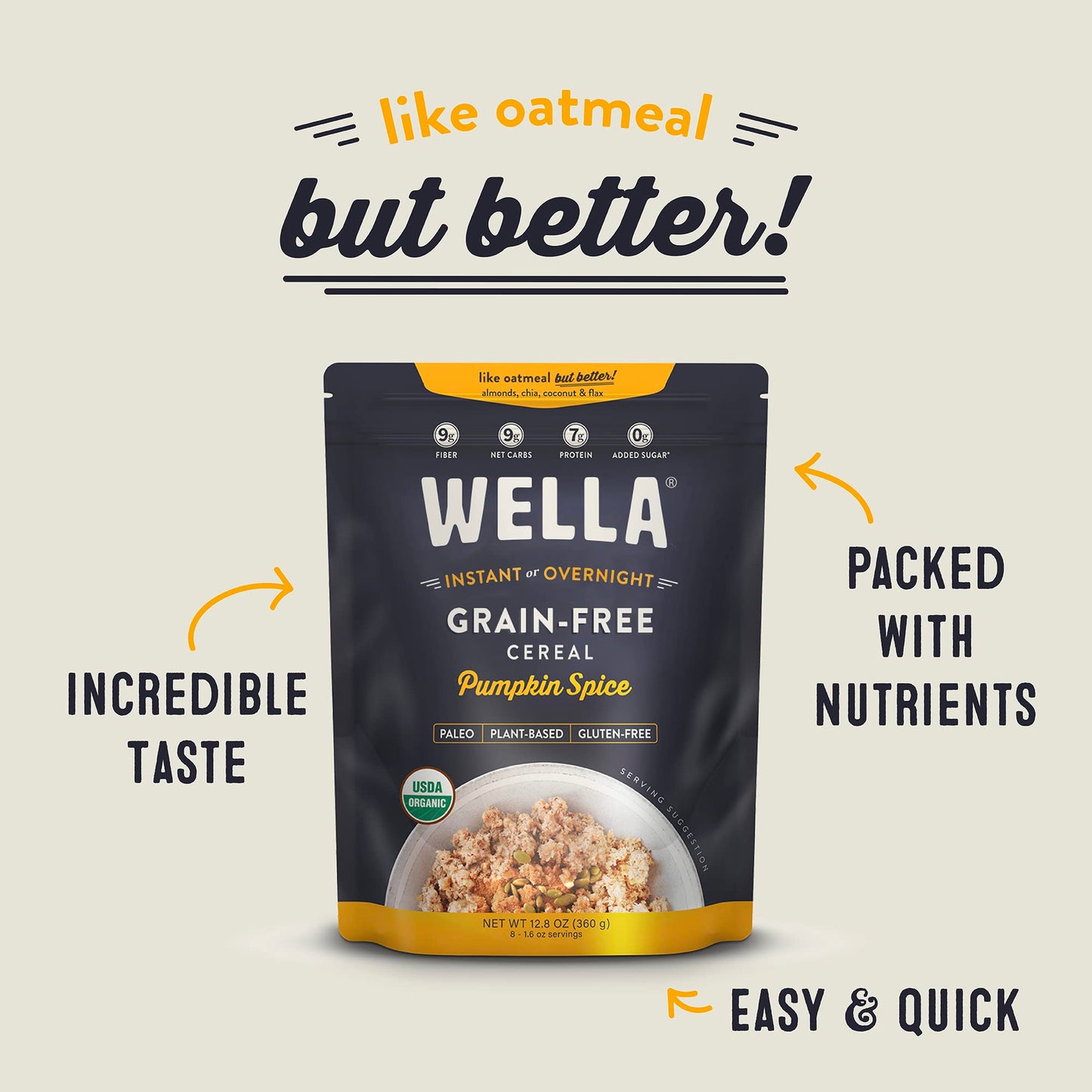 Wella Cereal Oatmeal Alternative, Gluten-Free Breakfast Hot Cereal, Grain-Free Paleo Organic Vegan High Protein Superfood, Plant-Based Non-GMO, Low in