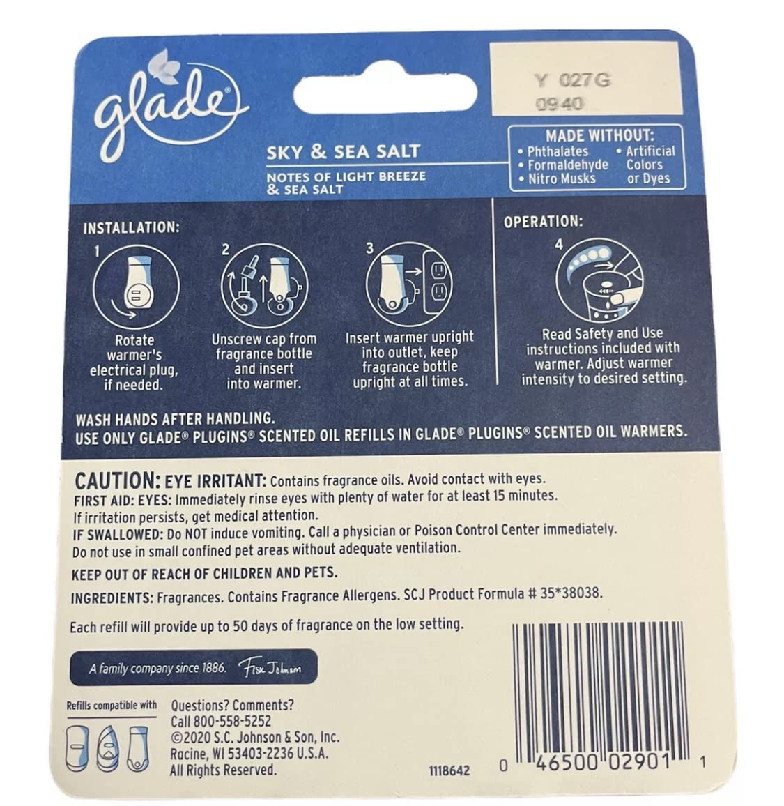 Glade sky & sea salt Limited Edition Plugins Scented Oils Refills 4 Refills 2- Pack of 2