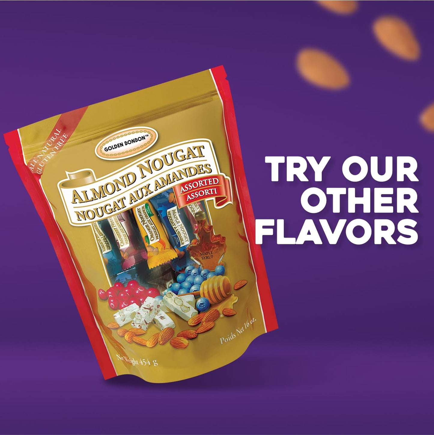 Golden Bonbon Italian Assorted Almond Nougat Candy, Individually Packed Chewy Gluten Free Nougat, Original Full of Almonds, Halal Candy (16 Oz