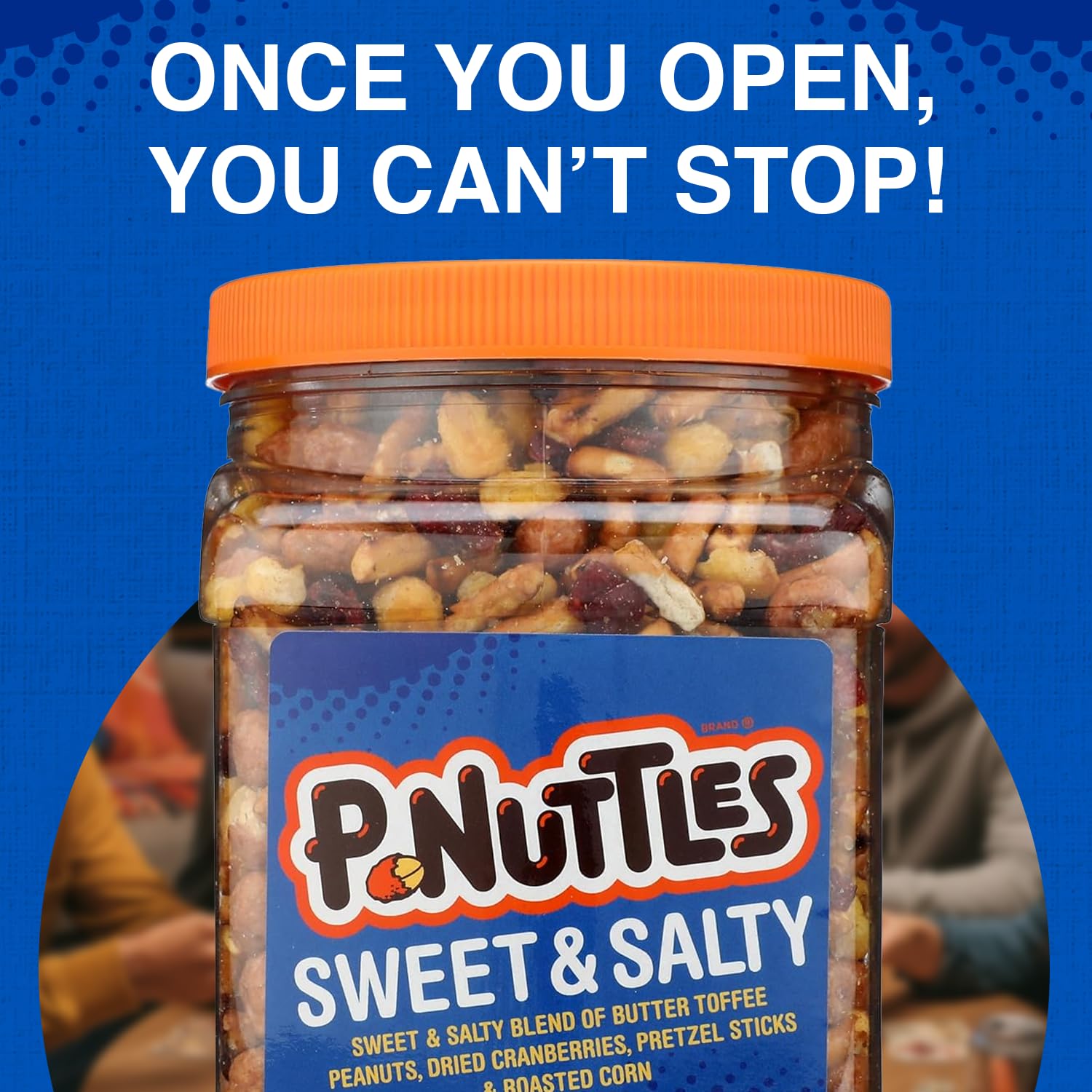 P-Nuttles Sweet & Salty Snack Mix, 34 Oz Jar (Pack of 1) - Butter Toffee Covered Peanuts with Dried Cranberries, Pretzel Sticks & Roasted Corn