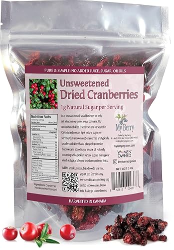 Unsweetened Dried Cranberries by My Berry | 3oz | Naturally Tart: 1g Natural Sugar Per Serving | Non-GMO | No Added Sugar, Juice or Oils | More