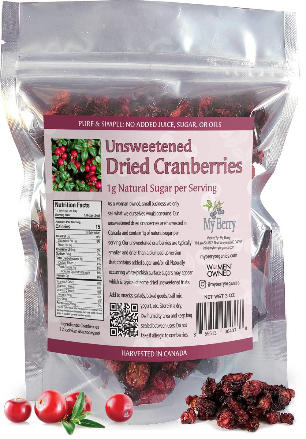 Unsweetened Dried Cranberries by My Berry | 3oz | Naturally Tart: 1g Natural Sugar Per Serving | Non-GMO | No Added Sugar, Juice or Oils | More