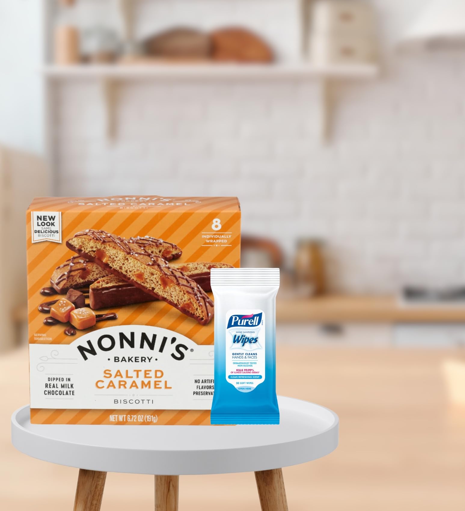 4x Nonnis Biscotti Salted Caramel 6.72 OZ Bundle with Hand Sanitizing Wipes - Crunchy Italian Biscotti with Caramel Flavor Plus Convenient Wipes