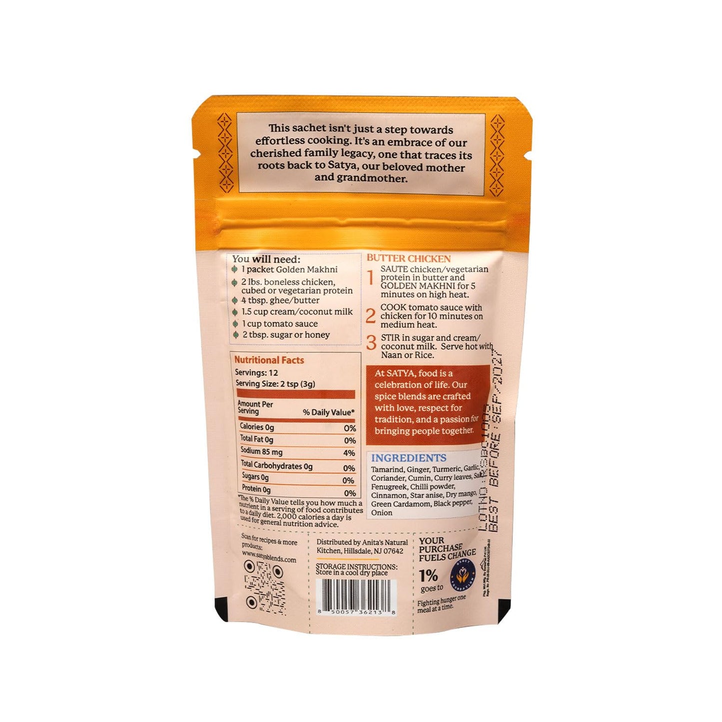 Satya Butter Chicken Masala Powder Makhani Curry Spice Mix 5 Fresh Sachets x 37g Rich & Creamy Indian Curry Seasoning for Chicken, Paneer & Vegetables