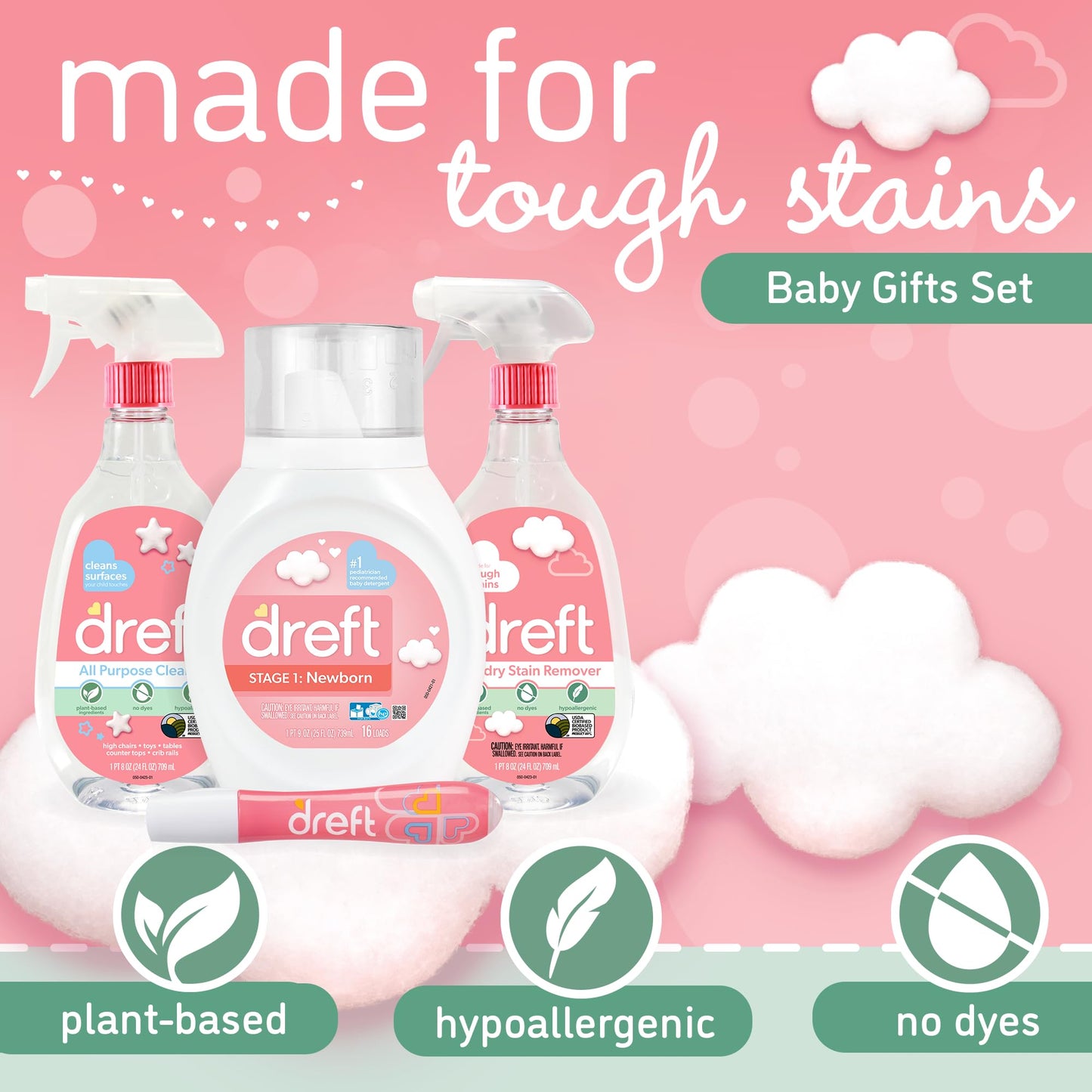 Baby Gifts Set by Dreft, Baby and Mom Gift Set with Liquid Laundry Detergent, Laundry Stain Remover, Stain Remover Pen & All Purpose Cleaner Spray
