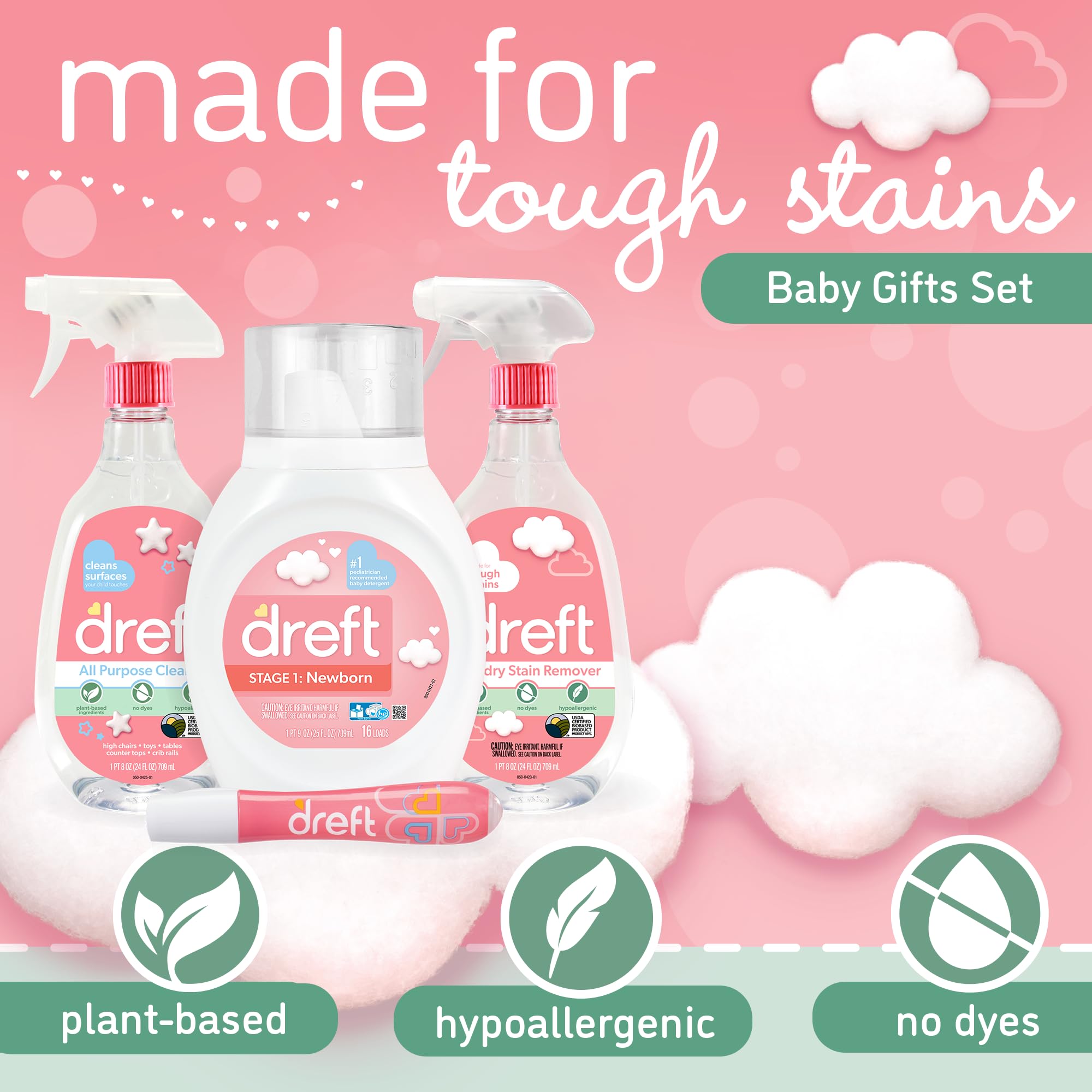 Baby Gifts Set by Dreft, Baby and Mom Gift Set with Liquid Laundry Detergent, Laundry Stain Remover, Stain Remover Pen & All Purpose Cleaner Spray