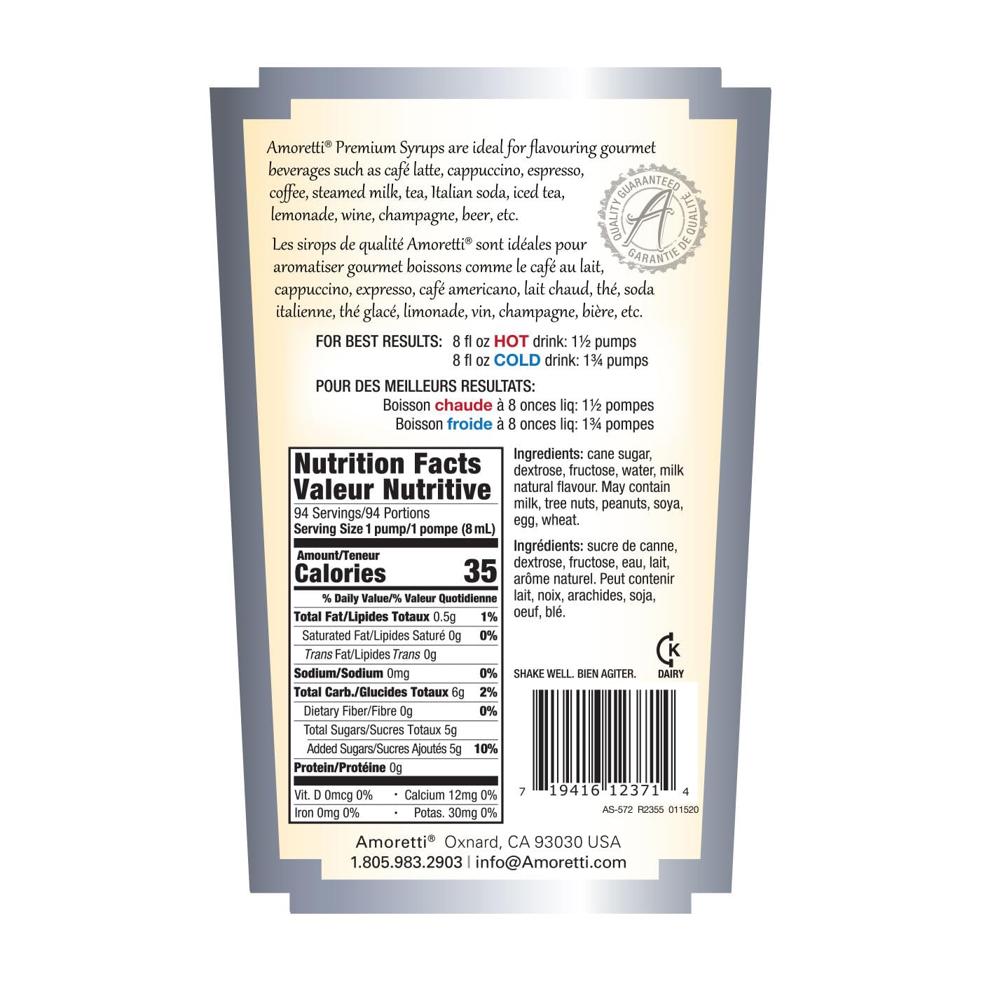 Amoretti - Premium White Chocolate Syrup, 94 Servings Per Bottle (750 ml), with Pump for Flavoring Coffees, Cocktails, and other Beverages, Gluten