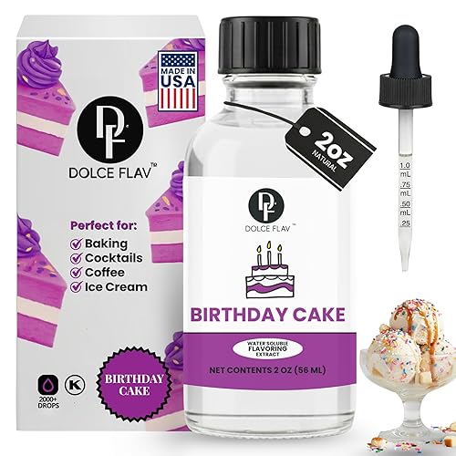 Dolce Flav Birthday Cake Extract - 2 Ounce Water-Soluble Kosher, Sugar-Free, Concentrated Festive Cake Flavoring for Frostings, Cupcakes & Desserts