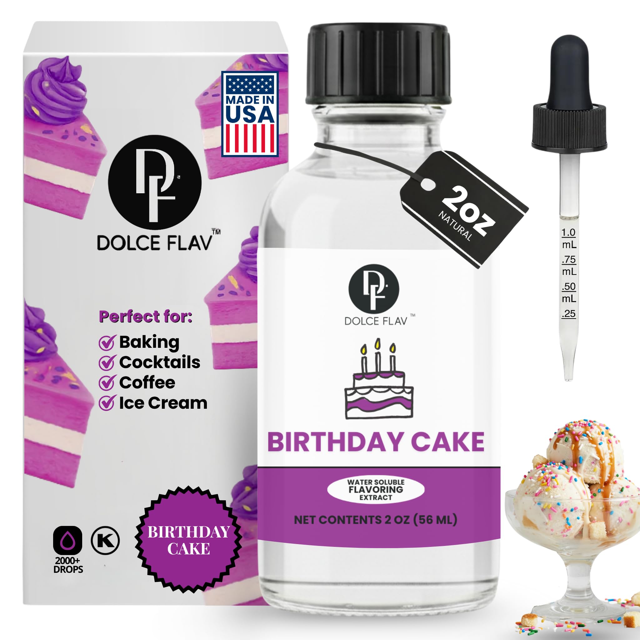 Dolce Flav Birthday Cake Extract - 2 Ounce Water-Soluble Kosher, Sugar-Free, Concentrated Festive Cake Flavoring for Frostings, Cupcakes & Desserts