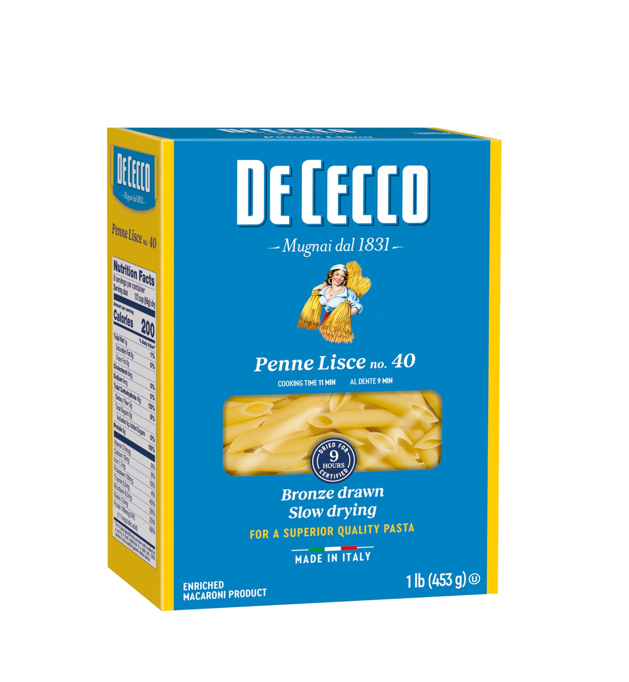 De Cecco Pasta, Penne Lisce No.40, 1 Pound (Pack of 12) - Made in Italy, High in Protein & Iron, Bronze die