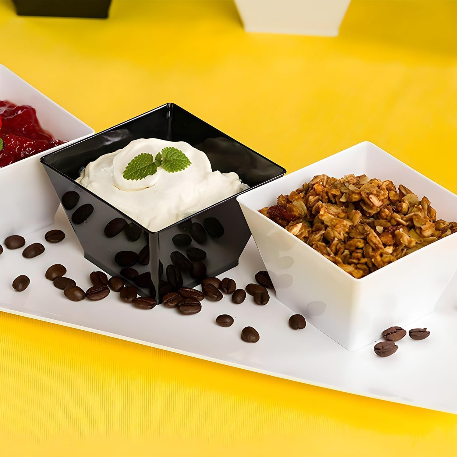 Lillian Tablesettings Black Plastic Square Bowls, 8 oz Small Disposable Serving Bowls for Appetizers, Desserts & Dips, Heavyweight BPA-Free, 20 Count