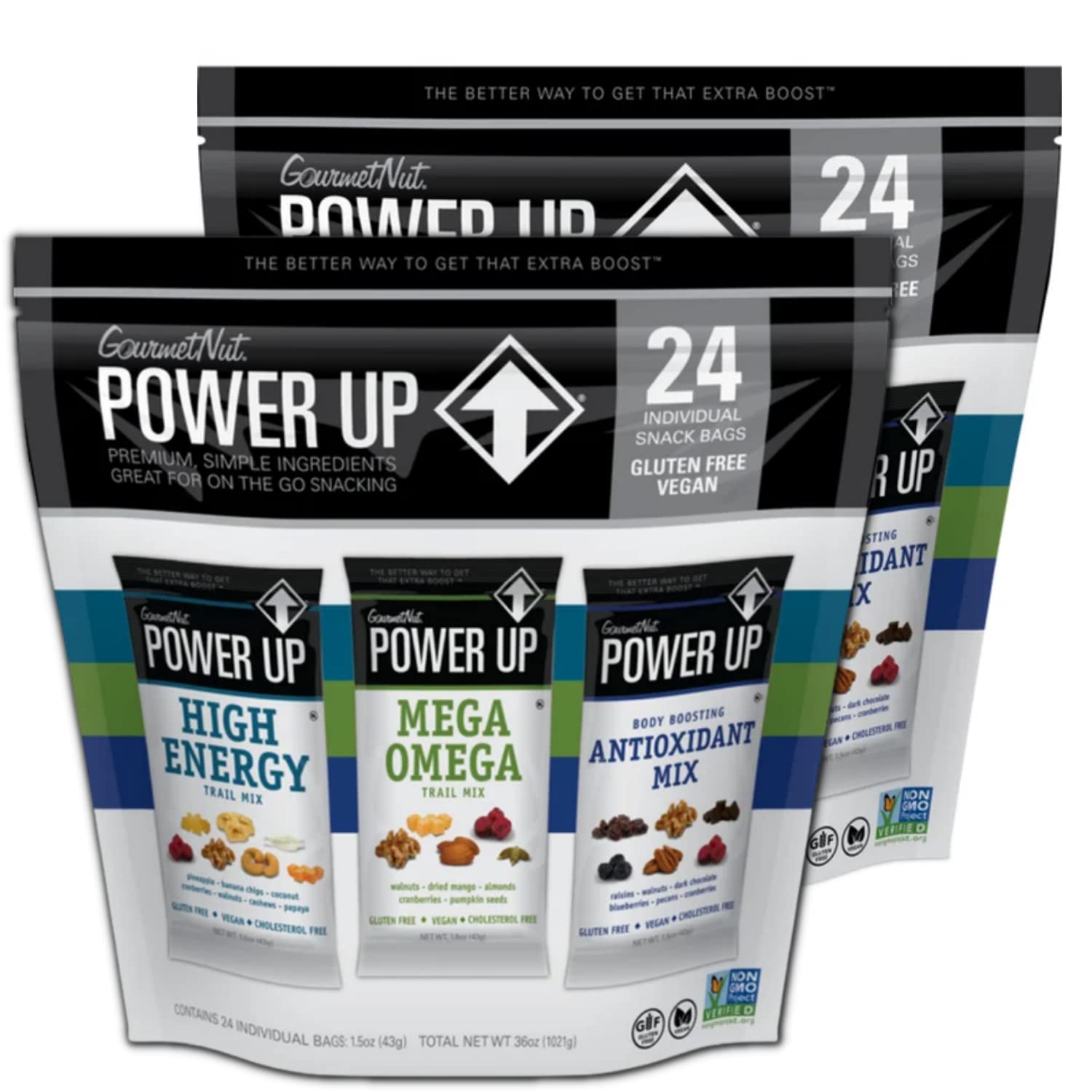 Gourmet Nut Power Up Trail Mix, 2 Pack of 36 Ounce Bags - 100% Natural, Mega Omega Blend, High Energy Snack Assorted - 48 Count Individually Wrapped