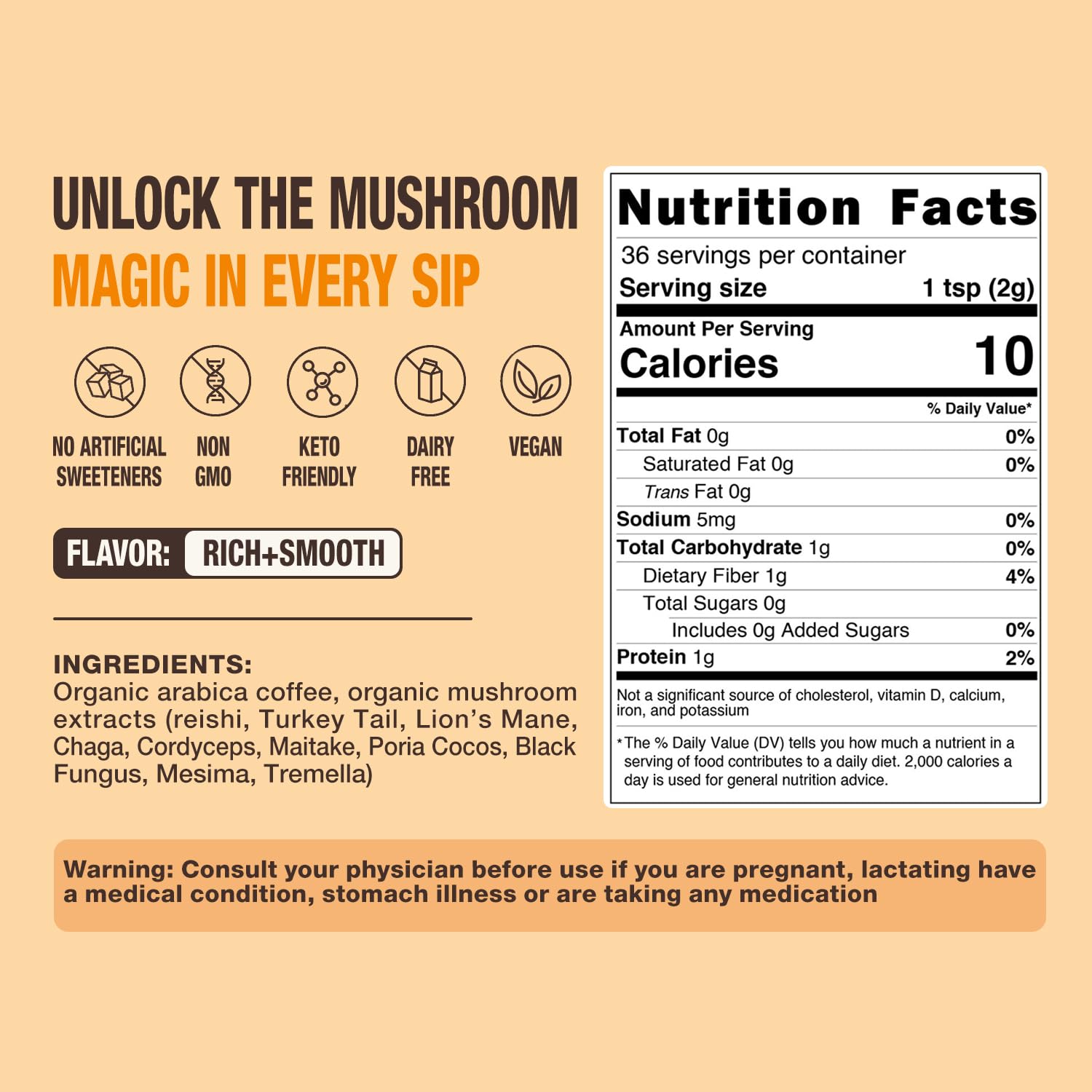 Organic Mushroom Coffee - 30% Beta-Glucans, Arabica Instant Coffee Infused with Fungipure™ Mushrooms - Lions Mane, Reishi, Turkey Tail, 72 Grams - 36