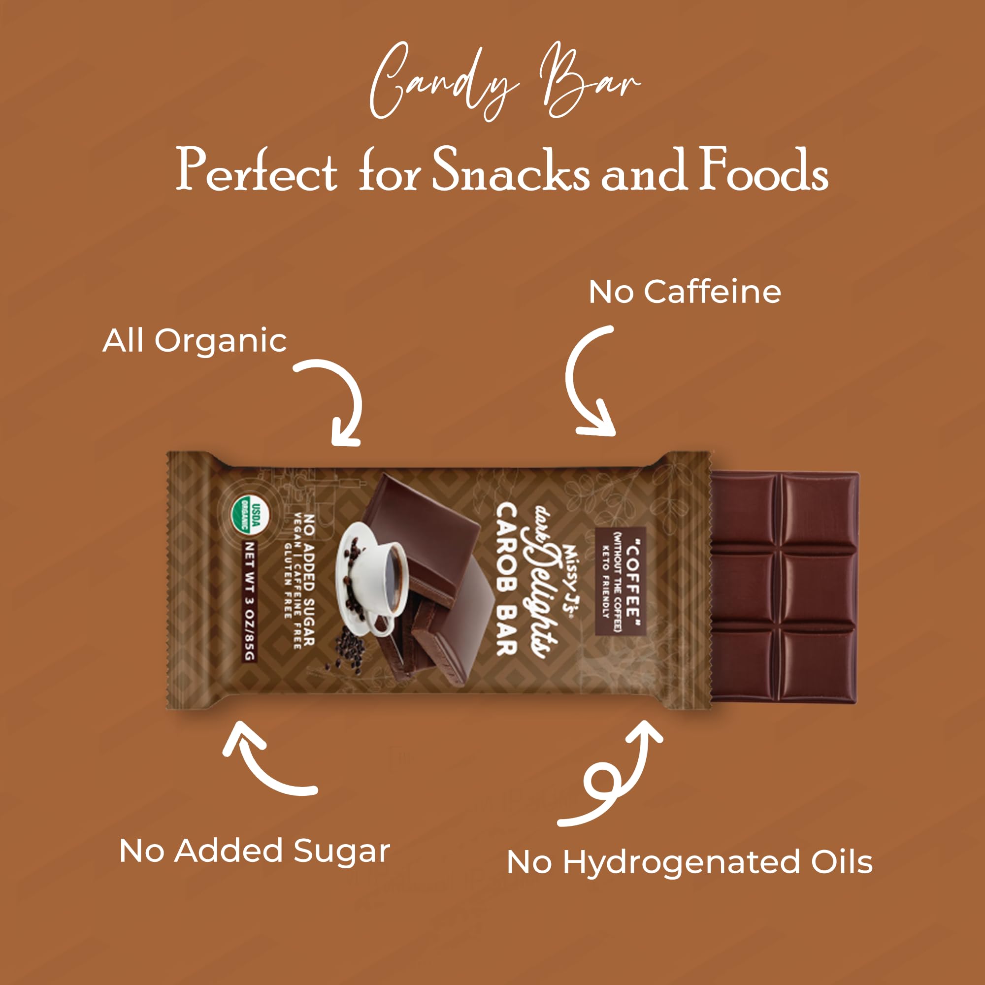 Missy J's Organic Carob Dark Delights Unsweetened Coffee Candy Bar 3 Oz 2 Pack | Vegan, Gluten and Caffeine Free, Healthy Substitute for Chocolate