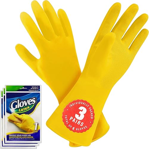 SteadMax 3/6 Pairs Cleaning Gloves, Disposable Natural Rubber Dish Gloves, Reusable Waterproof Latex Non-Slip Dishwashing Gloves for Kitchen