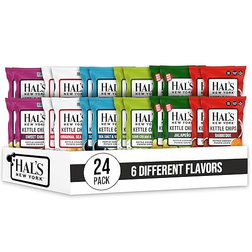 Hal's New York Kettle Cooked Potato Chips, Variety Pack, 6 Flavors, 2 Oz (Pack of 24)