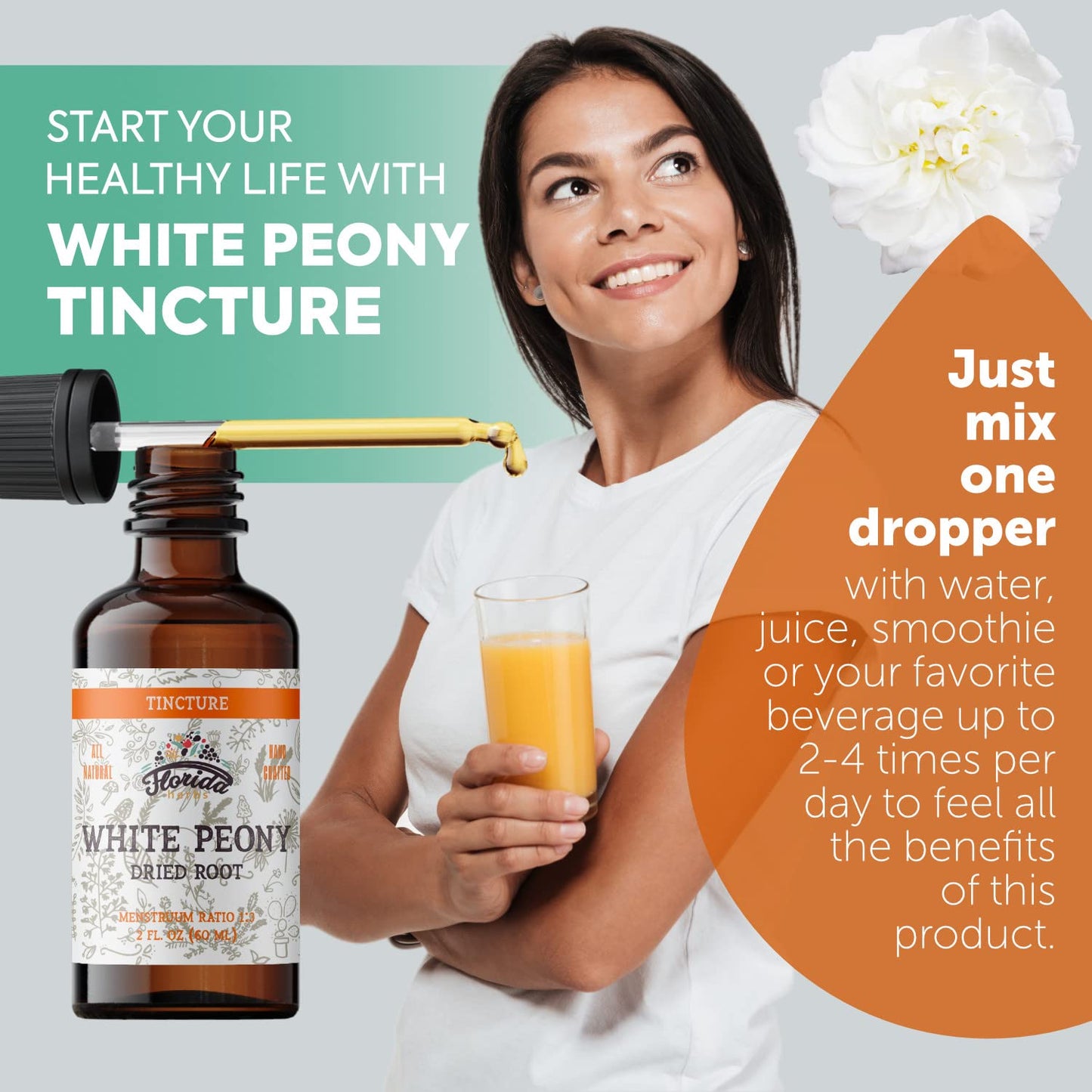 FLORIDA HERBS White Peony Tincture, Organic White Peony Extract (Paeonia Lactiflora) Root, Non-GMO in Cold-Pressed Organic Vegetable Glycerin 2 oz