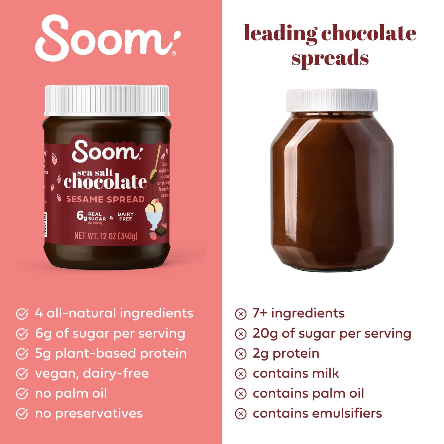 Soom Foods Chocolate Sea Salt Sesame Spread - 12oz (2 Pack) | Made with 4 Ingredients, Low Sugar, Dairy-Free, Nut-Free, Gluten-Free, Palm Oil-Free |