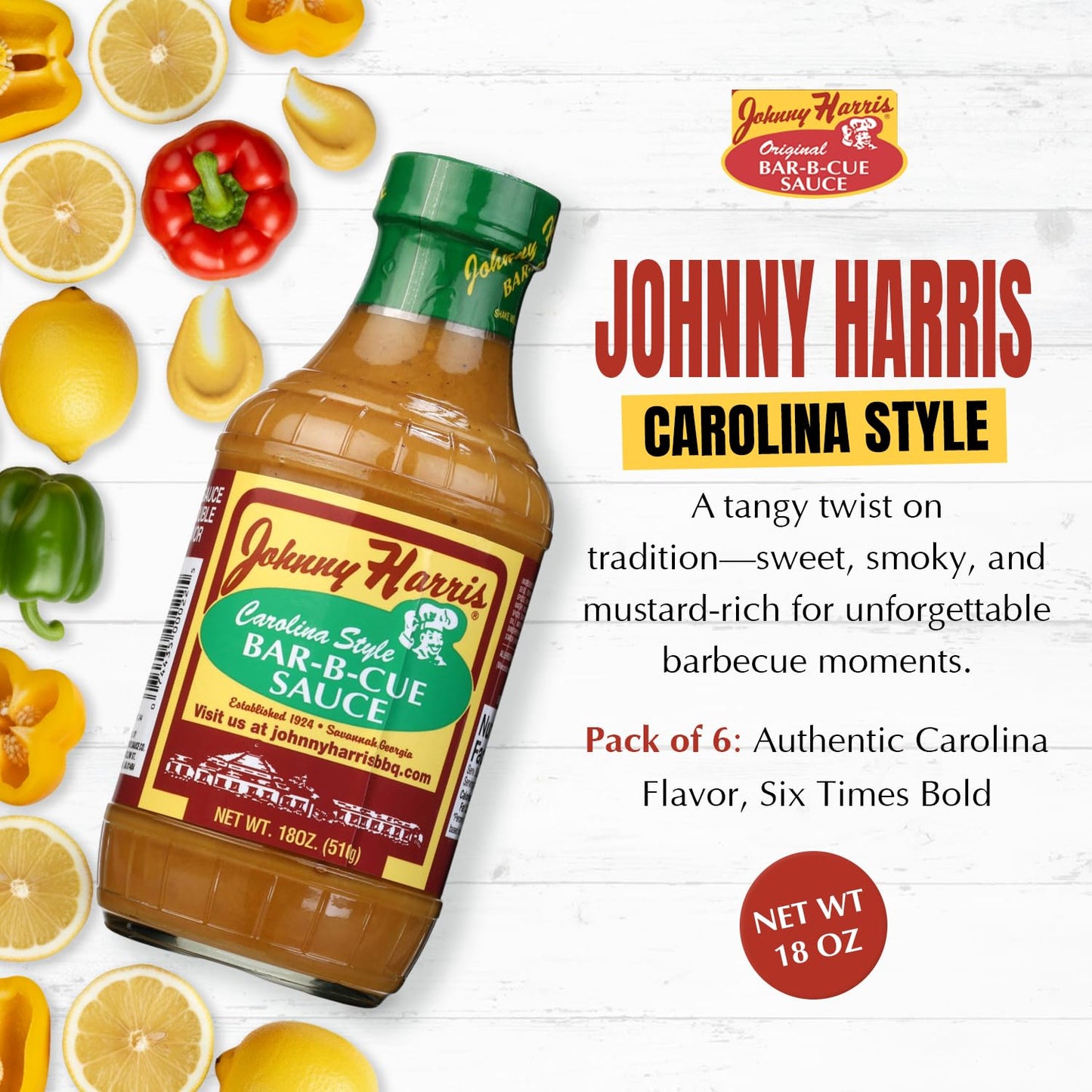 Johnny Harris Carolina Style Bar-B-Cue Sauce, Authentic Carolina Mustard BBQ Sauce, Tangy Mustard Grilling, Sweet and Gluten-Free Barbecue Sauce