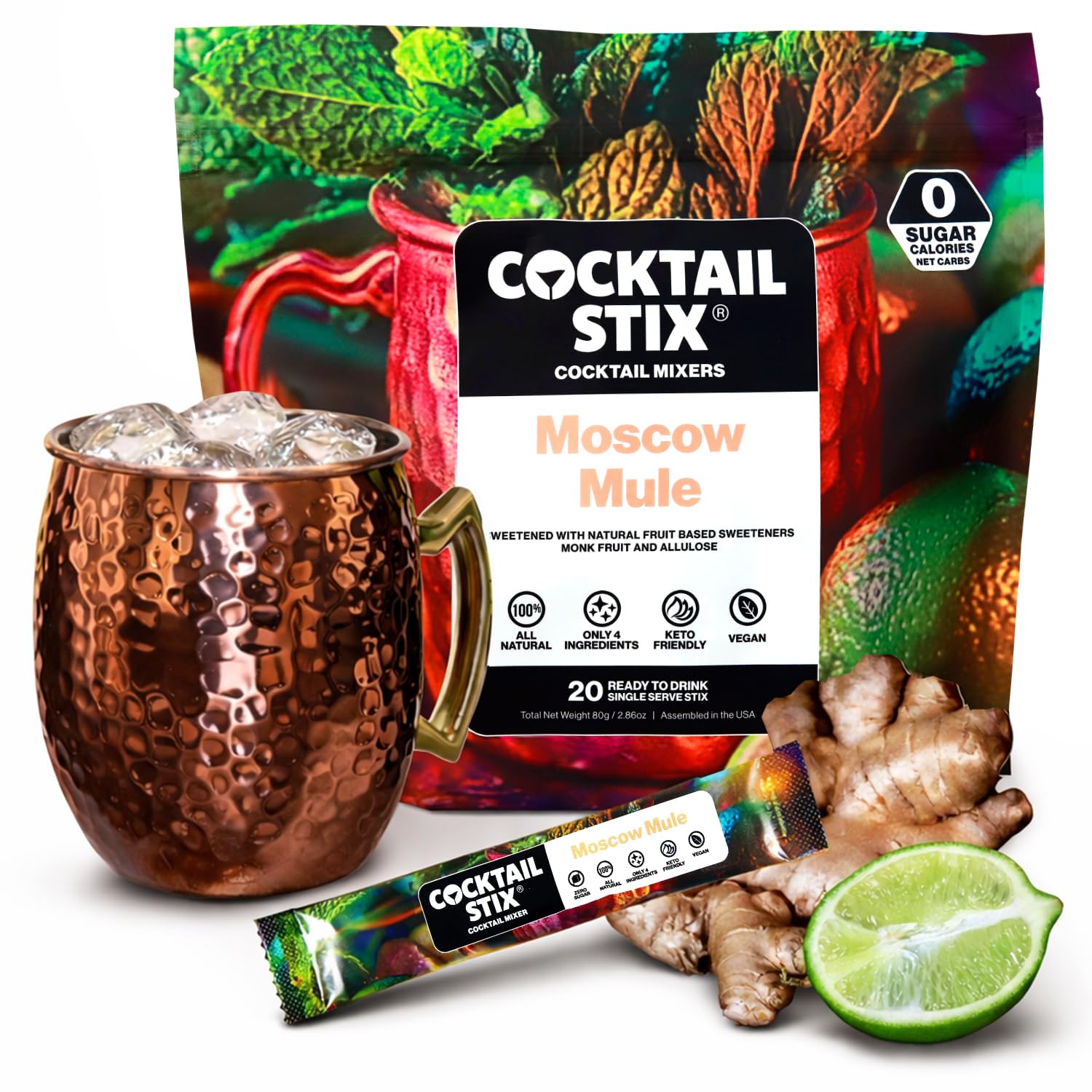 Cocktail Stix Zero Sugar Moscow Mule Mixer - Cocktail & Mocktail Drink Mixer - Skinny Mixes - Water Flavoring Packets - Vegan - No Calories, No Carbs