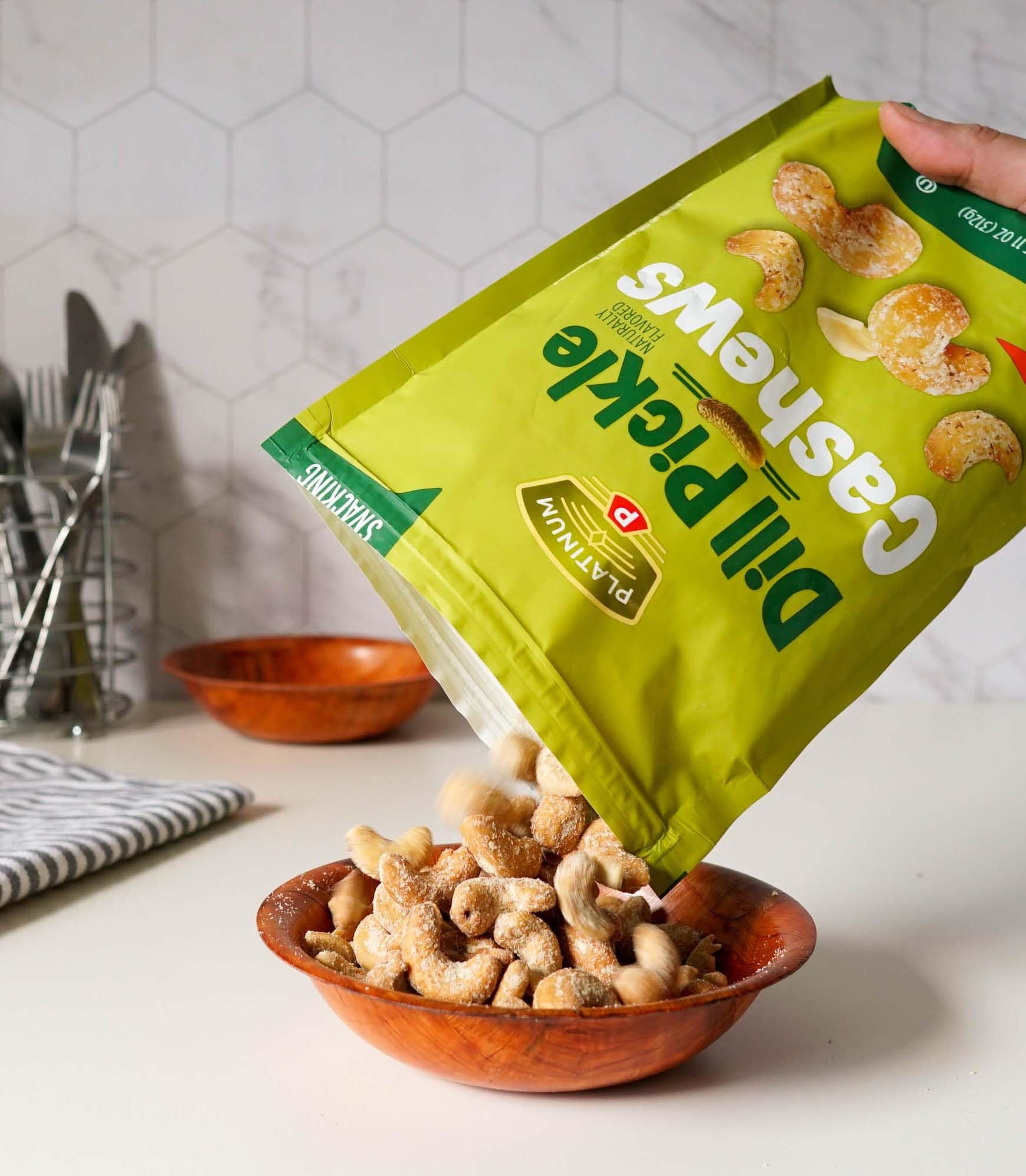 Platinum Dill Pickle Cashews - Plant Based Protein, Fiber, Healthy Snack - Roasted with Tangy Zest of Dill Pickle - Can Bring at Home, Work, Office