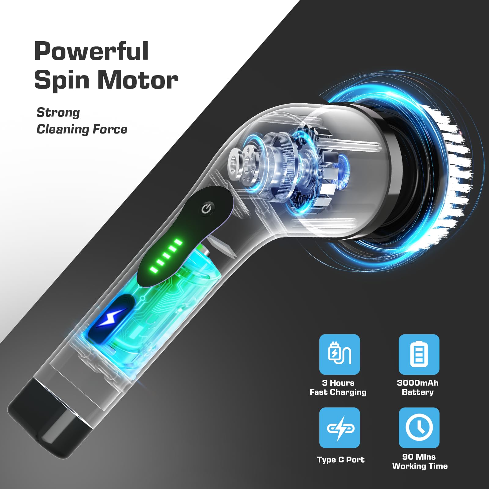 Kingwell Electric Spin Scrubber, Cordless Electric Scrubber for Cleaning with 9 Brush Heads, 2 Speeds,3 Adjustable Handle, 90Mins Work Time, Shower
