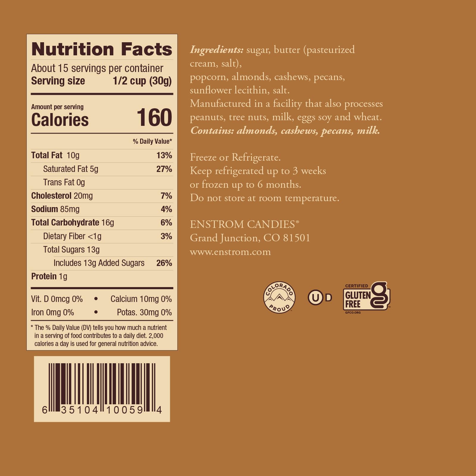 Enstrom Toffee Popcorn 16oz (pack of 2) | Handcrafted with Cashews, Almonds and Pecans | Gluten Free | Kosher Dairy | All Natural | Resealable Bag