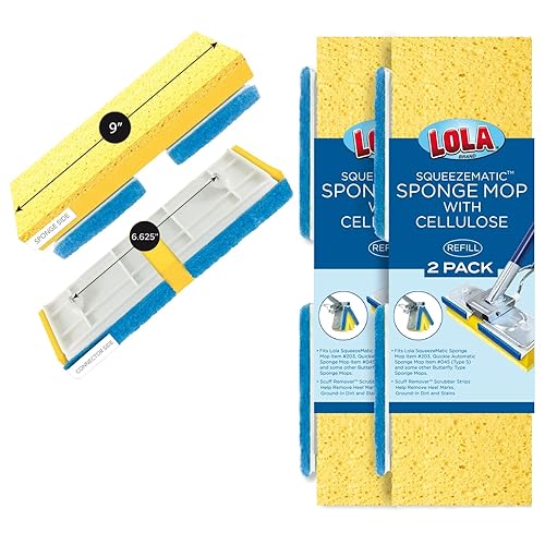 LOLA Cellulose SqueezeMatic Butterfly Sponge Mop Refill, 9", 2 Pack, Floor Cleaning, Comparable w/Quickie Type S Sponge Mop Refill