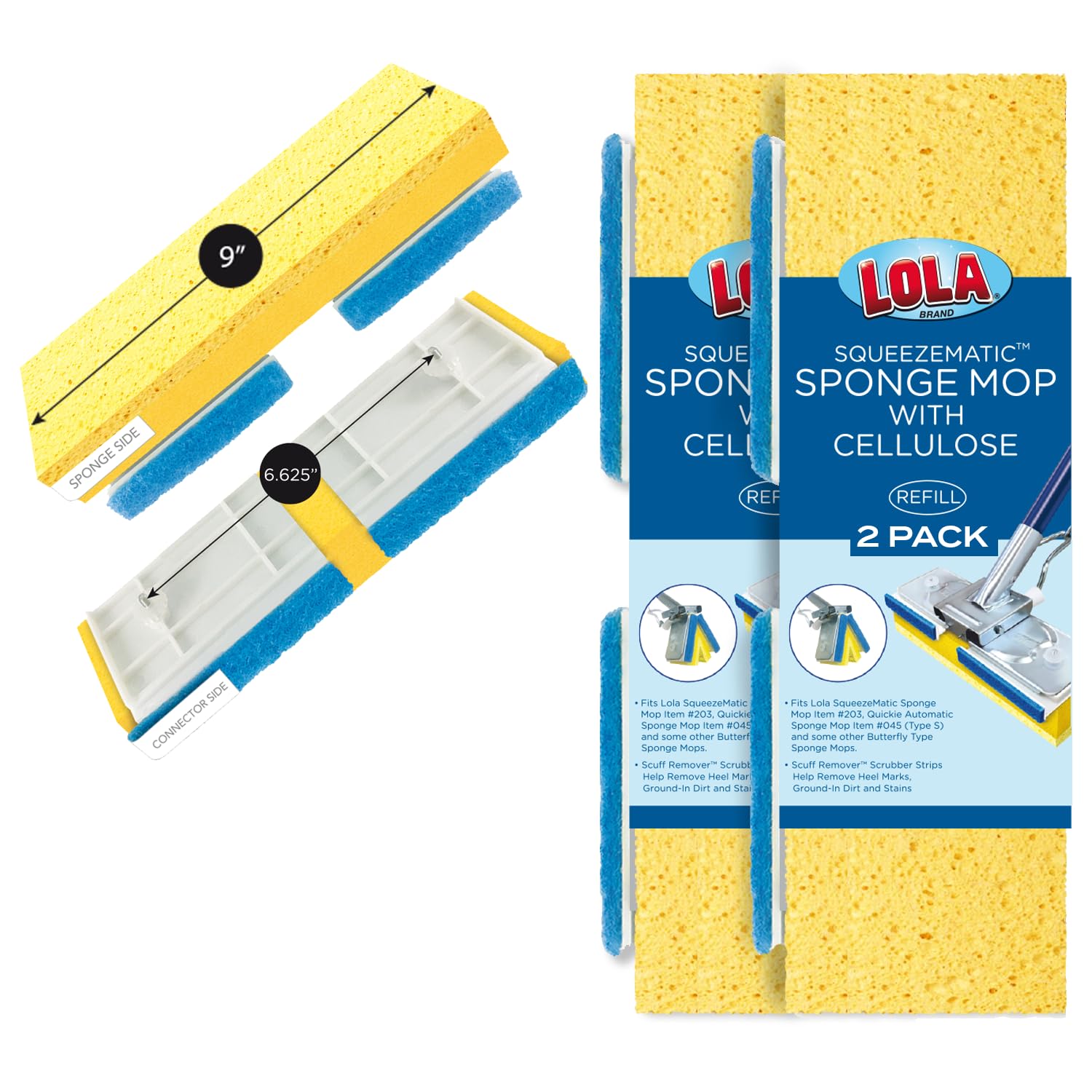 LOLA Cellulose SqueezeMatic Butterfly Sponge Mop Refill, 9", 2 Pack, Floor Cleaning, Comparable w/Quickie Type S Sponge Mop Refill