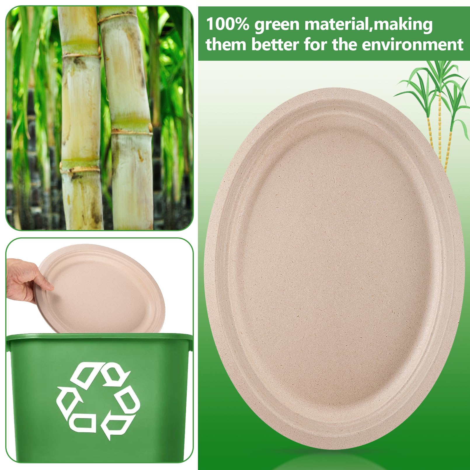 Vabrloy Oval Paper Plates, 120 Pack 12 inch, 100% Compostable, Heavy Duty, Biodegradable Sugarcane Plates for BBQ, Restaurant, Picnic, Party