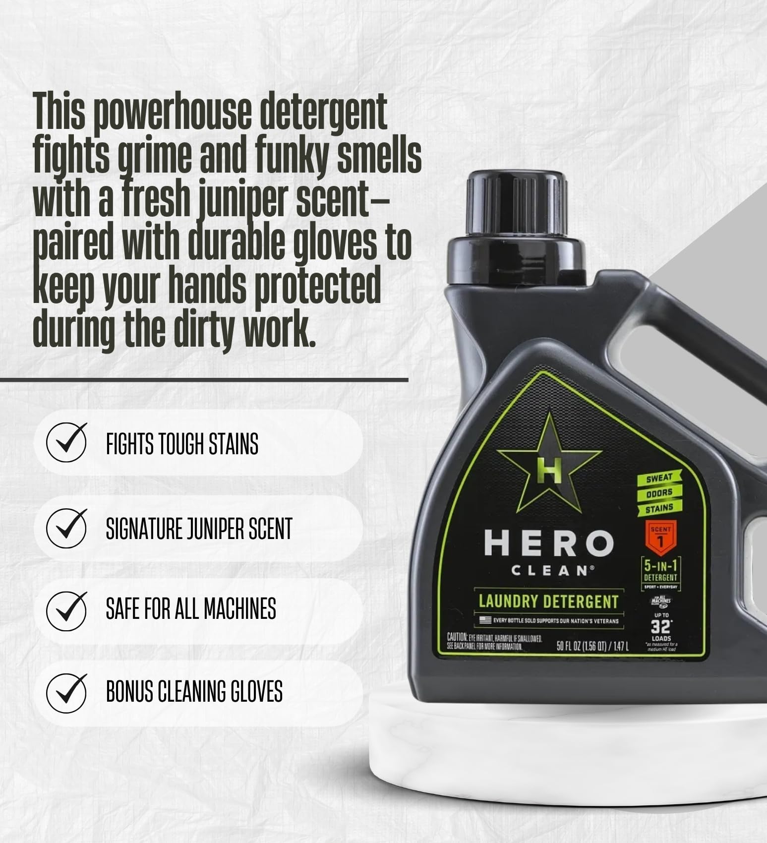 Hero Clean Juniper Scent Laundry Detergent Liquid 50 oz Bundle with Cleaning Gloves - All Natural Laundry Detergent for Everyday Use and Fabric Care