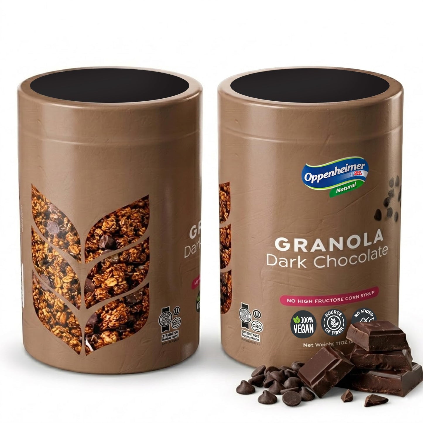 Oppenheimer USA Dark Chocolate Chips Granola - 11 oz Canister - 100% Vegan, Plant Based Crunch Cereal & Yogurt Topper - Kosher, Source of Fiber, No
